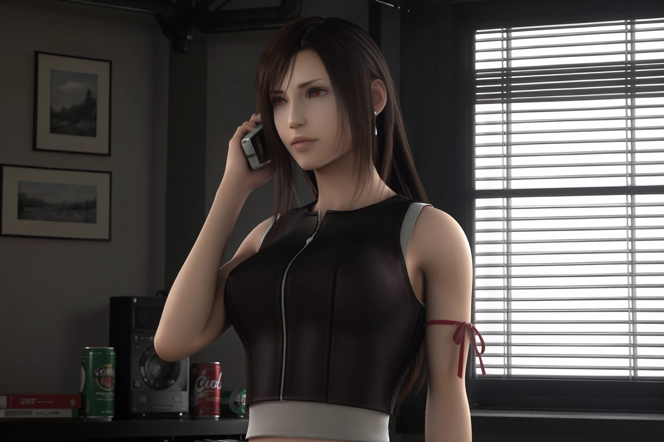 indoors,
<lora:Tifa_Lockhart_Final_Fantasy_VII_Advent_Children_-_Illustrious_V2:1>
Tifa (FFVII AC), 1girl, tifa lockhart, solo, long hair, dark brown hair, red eyes, 3d, lips,
jewelry, phone, long hair, earrings, indoors, talking on phone, window blinds, cellphone, window, crop top, ribbon, can, arm ribbon, 3d, Tifa (FFVII AC)