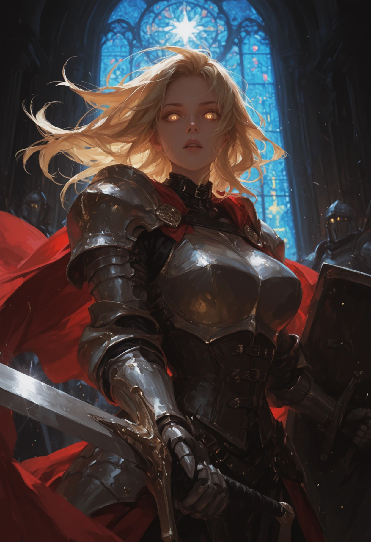 1girl, 
solo focus, detailed background, high contrast, solo, large breasts, long hair, floating hair, female knight, ornate armor, black collar, pauldrons, breastplate, corset, glowing, blonde, yellow glowing eyes, bright pupils, eye focus, red cape, fighting stance, holding weapon, holding sword, holding shield, looking at viewer, sword, parted lips, aura, temple indoors, stained glass windows, night, moonlight, particles, light beam, chromatic aberration, fisheye, looking down, dynamic angle, focus face, armor, holding, glowing eye, breasts, shield, cape, gauntlets, dark aura, weapon,
masterpiece, best quality, newest, absurdres, highres