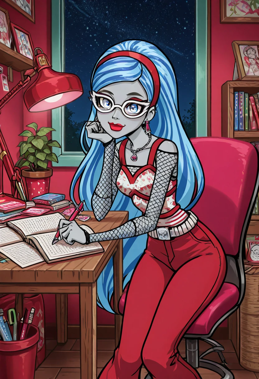 masterpiece, best quality, solo, curvy, beautiful eyes, narrow waist, wide hips, 1girl, solo, smile, looking at viewer, foreshortening, close up, anime screenshot, ,<lora:Ghoulia_MH_IXL:0.9>, zzGhoulia, long hair, blue hair, glasses, colored skin, blue eyes, very long hair, jewelry, hairband, earrings, makeup, lipstick, striped, necklace, red pants, fishnets,, zzLofi, sitting, side view, desk, chair, book, bookshelf, head rest, holding, holding pen, lamp, night, open book, pen, plant, potted plant, sky, star (sky), starry sky, window, windowsill, writing, <lora:LofiGirl_Style_IXL:0.8>,