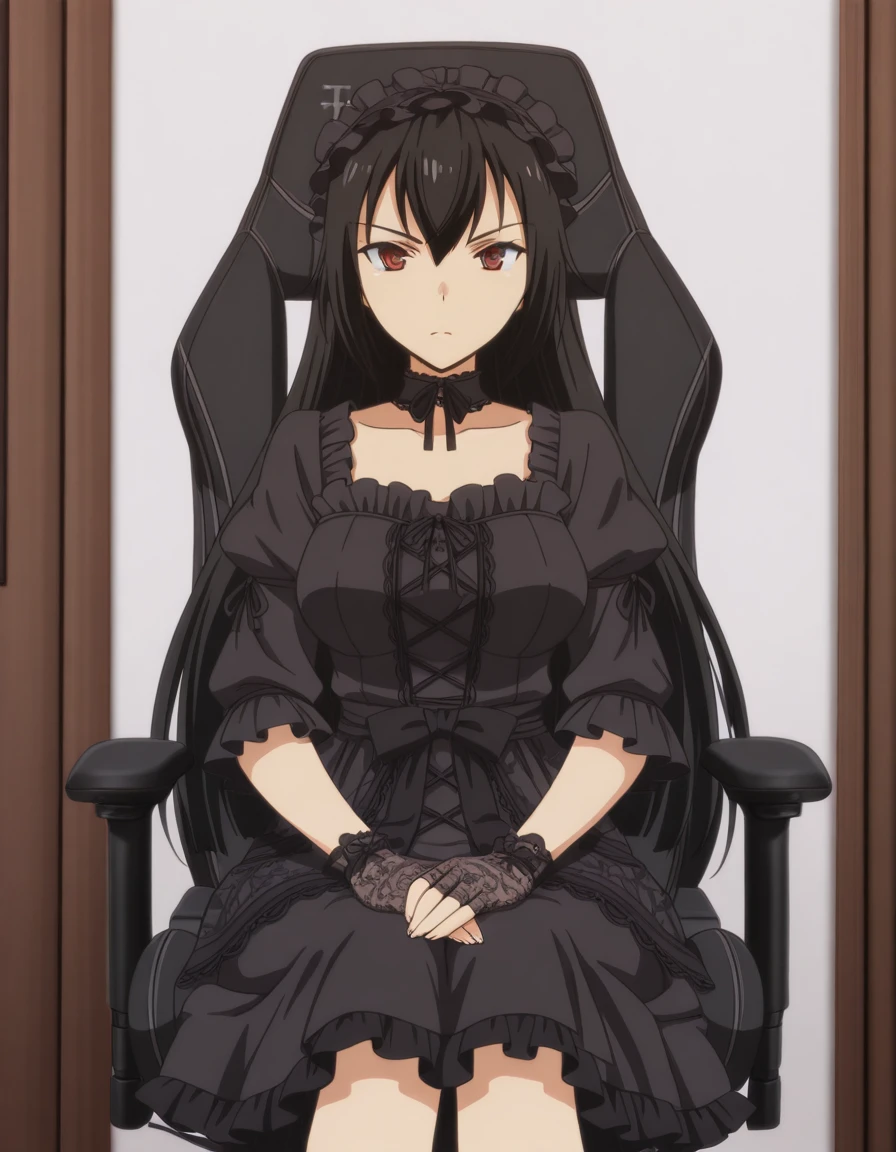 masterpiece, best quality, amazing quality,, <lora:kancolle-nagato-s1-illustriousxl-lora-nochekaiser:1>, nagato, nagato (kancolle), long hair, black hair, red eyes, mature female, breasts, anime screencap, <lora:gothic-fashion-illustriousxl-lora-nochekaiser:1>, gothic fashion, fashion, goth fashion, frills, frilled dress, puffed sleeves dress, lace apron, ribbon sash, fingerless lace gloves, mary janes, <lora:secretlab-chair-illustriousxl-lora-nochekaiser:1>, secretlab chair, chair, office chair, gaming chair, sitting, cowboy shot, ,