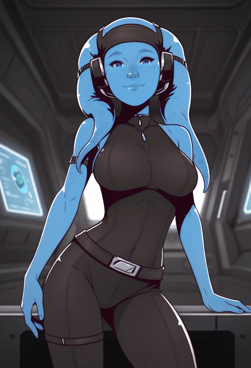 Tall, (thin), Blue Skin Twi'lek with (huge breasts) wearing a turtleneck, panties, huge breasts, tall, graceful, (tall), slim hips, small waist, full-body shot