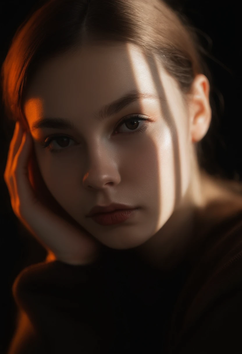 score_9, score_8_up, score_7_up, score_6_up, masterpiece, best quality, high quality, ultra-detailed, RSGRL, Russian girl, Slavic face, natural beauty, solo, 1girl, short hair, simple background, brown hair, long sleeves, closed mouth, brown eyes, hand up, mole, sweater, looking to the side, sleeves past wrists, eyelashes, lips, shadow, expressionless, thick eyebrows, sunlight, black background, portrait, looking up, close-up, forehead, hand on own face, head rest, nose, realistic, hand on own cheek, red lips, looking ahead, black sweater, light, shade, dark, looking afar, dark background, sanpaku, sidelighting, buzz cut, mole on cheek, photorealistic