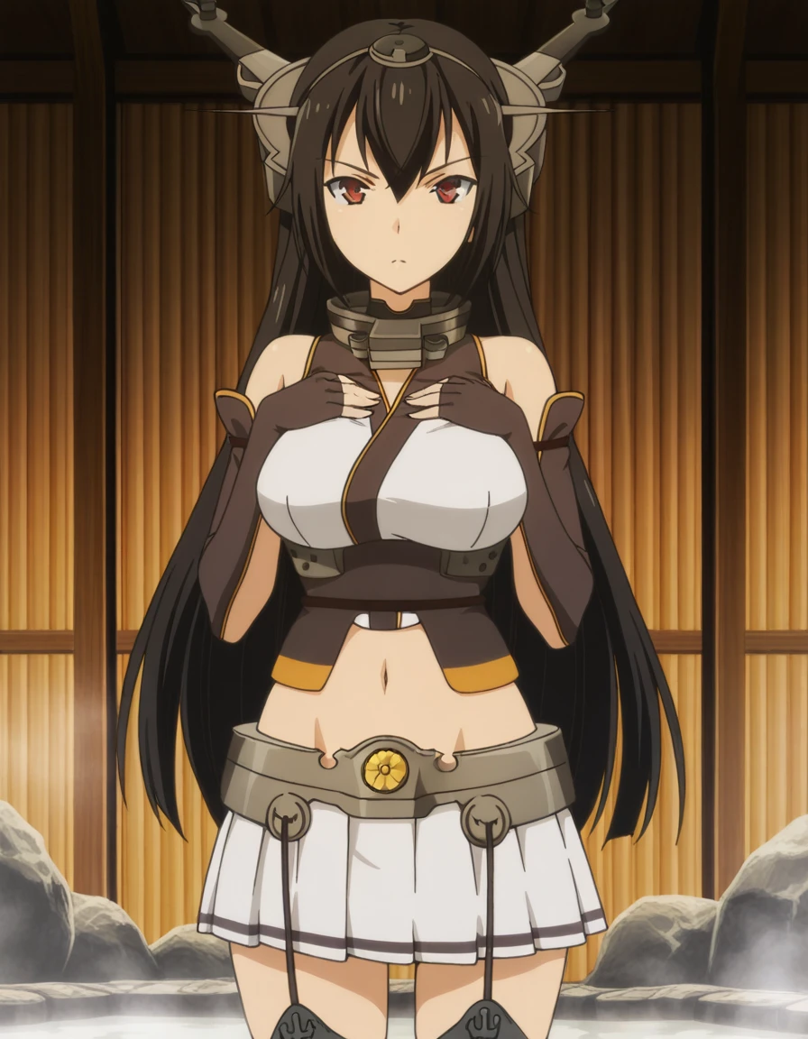 masterpiece, best quality, amazing quality,, <lora:kancolle-nagato-s1-illustriousxl-lora-nochekaiser:1>, nagato, nagato (kancolle), long hair, black hair, red eyes, mature female, breasts, anime screencap, skirt, thighhighs, gloves, navel, bare shoulders, hairband, detached sleeves, headgear,, hands on own chest,, onsen, hot_spring, steam, relaxation, traditional, cowboy shot, solo, looking at viewer,