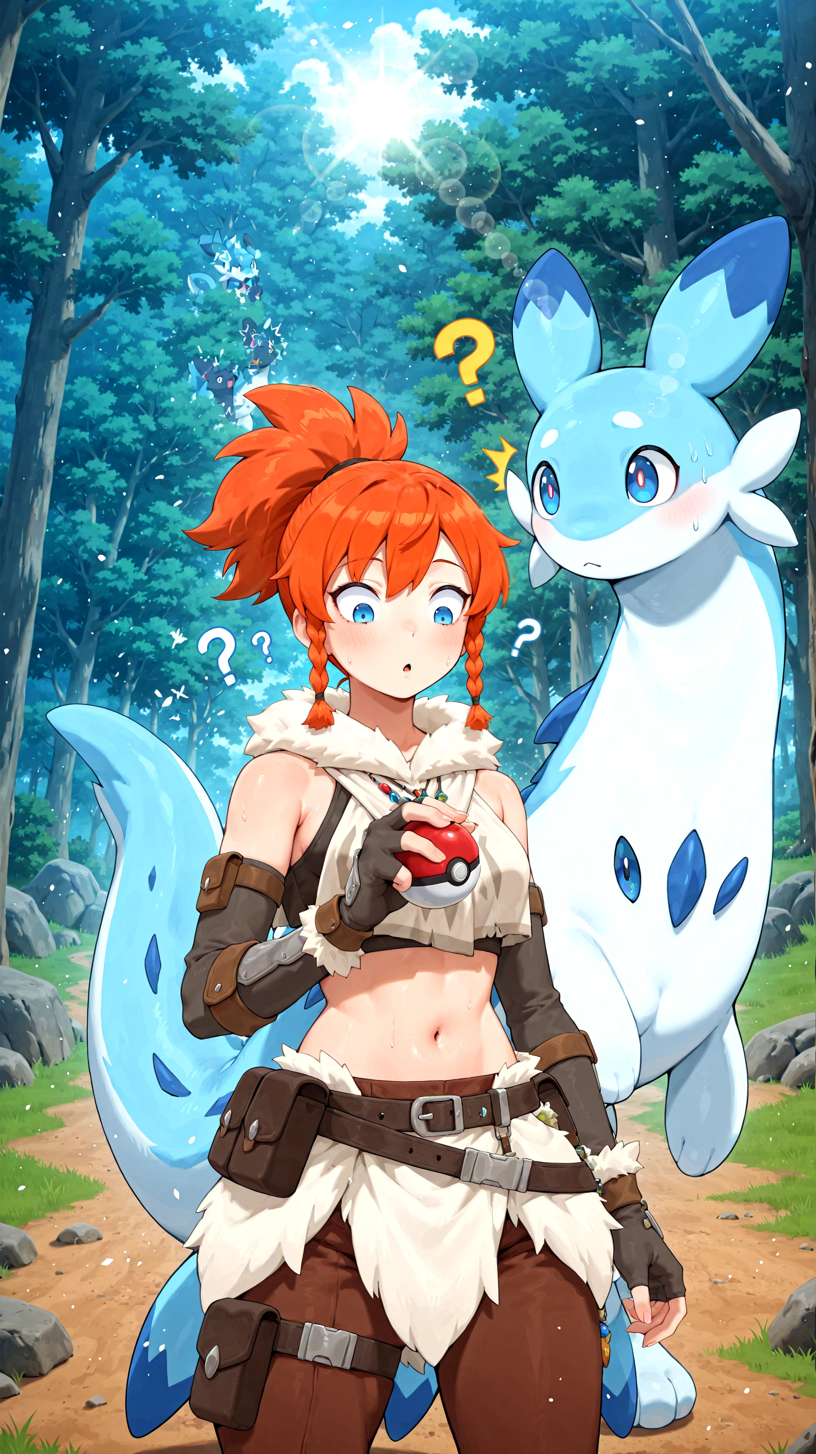 masterpiece \(quality\), year2024, year2023,
best quality, amazing quality, absurd res, best resolution, very aesthetic, 4k, latest, 
 <lora:Palworld_Trainer_Palworld_for_Illustrious:0.7> 1girl, palgal, orange hair, ponytail, blue eyes, dual braid, palgal outfit, navel, fingerless gloves
 <lora:Chillet_Palworld_Illustrious:0.7> ch1ll3t, feral, chillet  
1other, holding pokeball, looking at pokeball,  confused, question marks, side by side, outdoors, forest, lens flare, 1other,