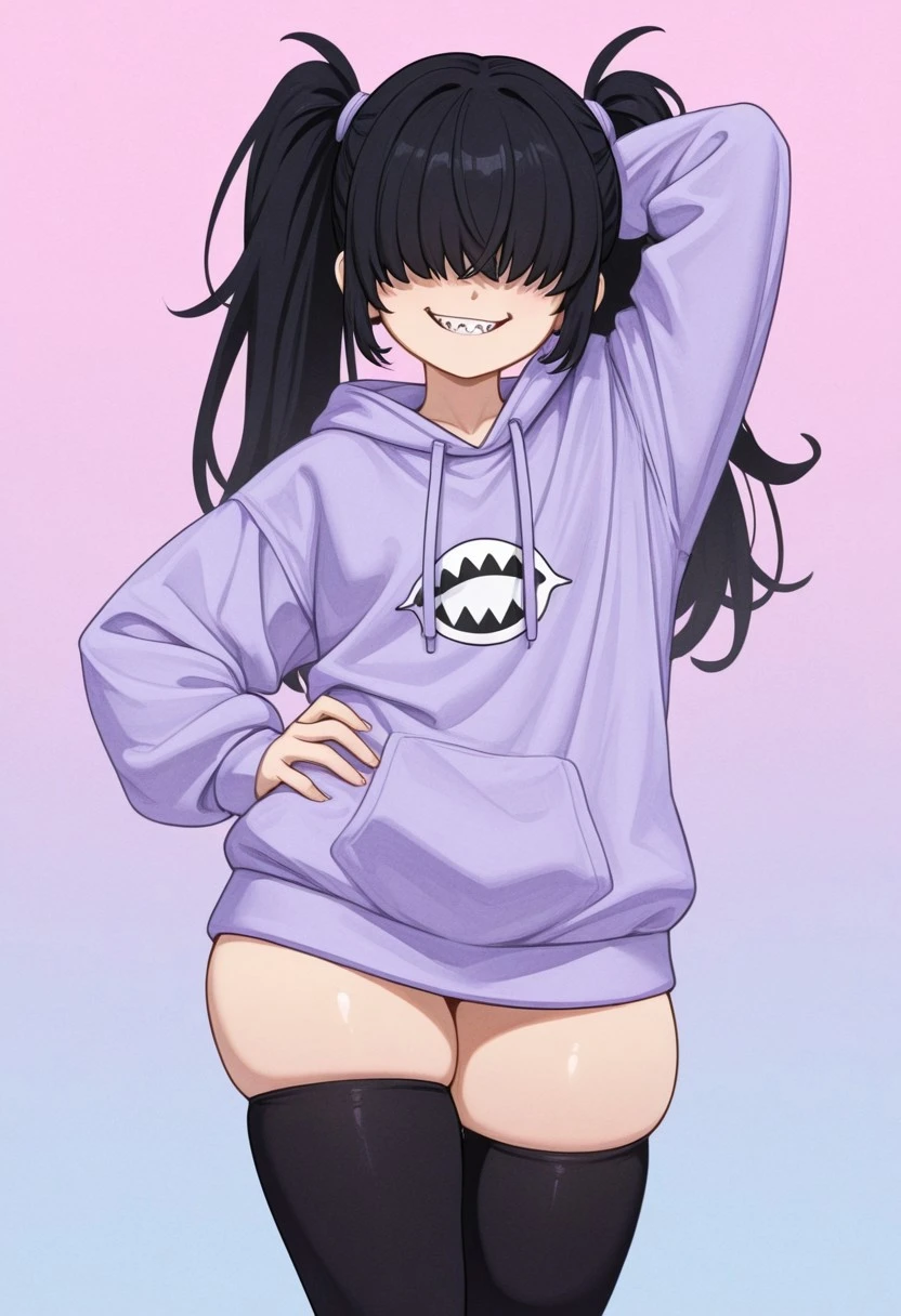 best quality, expressive eyes, perfect face, black hair, long twintails, straight bangs, pink eyes, smirking expression, pink hoodie, black thigh highs, pink lips, black panties, big breasts, adult, holding money, evil