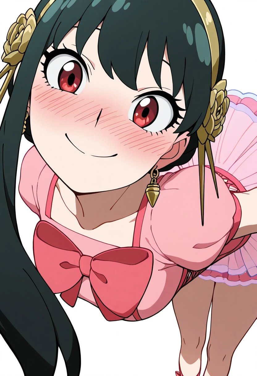 masterpiece, best quality, solo, curvy, beautiful eyes, narrow waist, wide hips, 1girl, solo, smile, looking at viewer, foreshortening, close up,  (leaning forward, eye focus, side view), 
Yor Briar,  Yor Forger, 1girl, black hair, red eyes, short hair with long locks, gold hairband, hair flower, cute outfit, pastel clothes,  puffy short sleeves, 
(upper body), 
[Bubblegum Ballerina], pastel pink tutu skirt, satin ribbon corset, lace-trimmed ballet flats, puffed mesh sleeves, heart-shaped hair clips, glittery blush cheeks, oversized bow headband, candy-shaped earrings, white background,