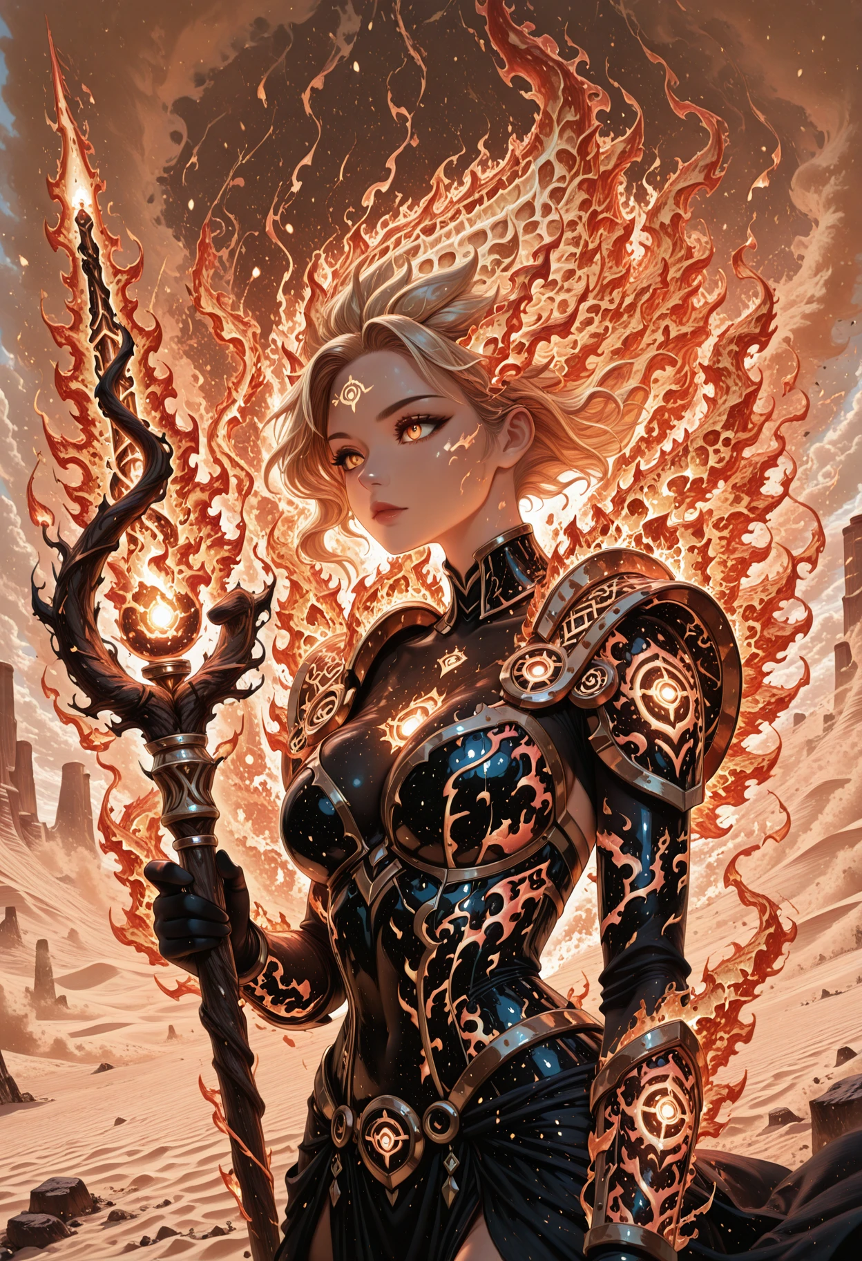 masterpiece, best quality, highendfiremagic, fire, powerful,
1girl, upper body, beautiful, human, blonde hair, Wasteland Sorceress, commanding, casting spells, desert oasis, ancient runes, glowing armor, enchanted staff, floating orbs, sandstorm, ethereal aura, closeup,