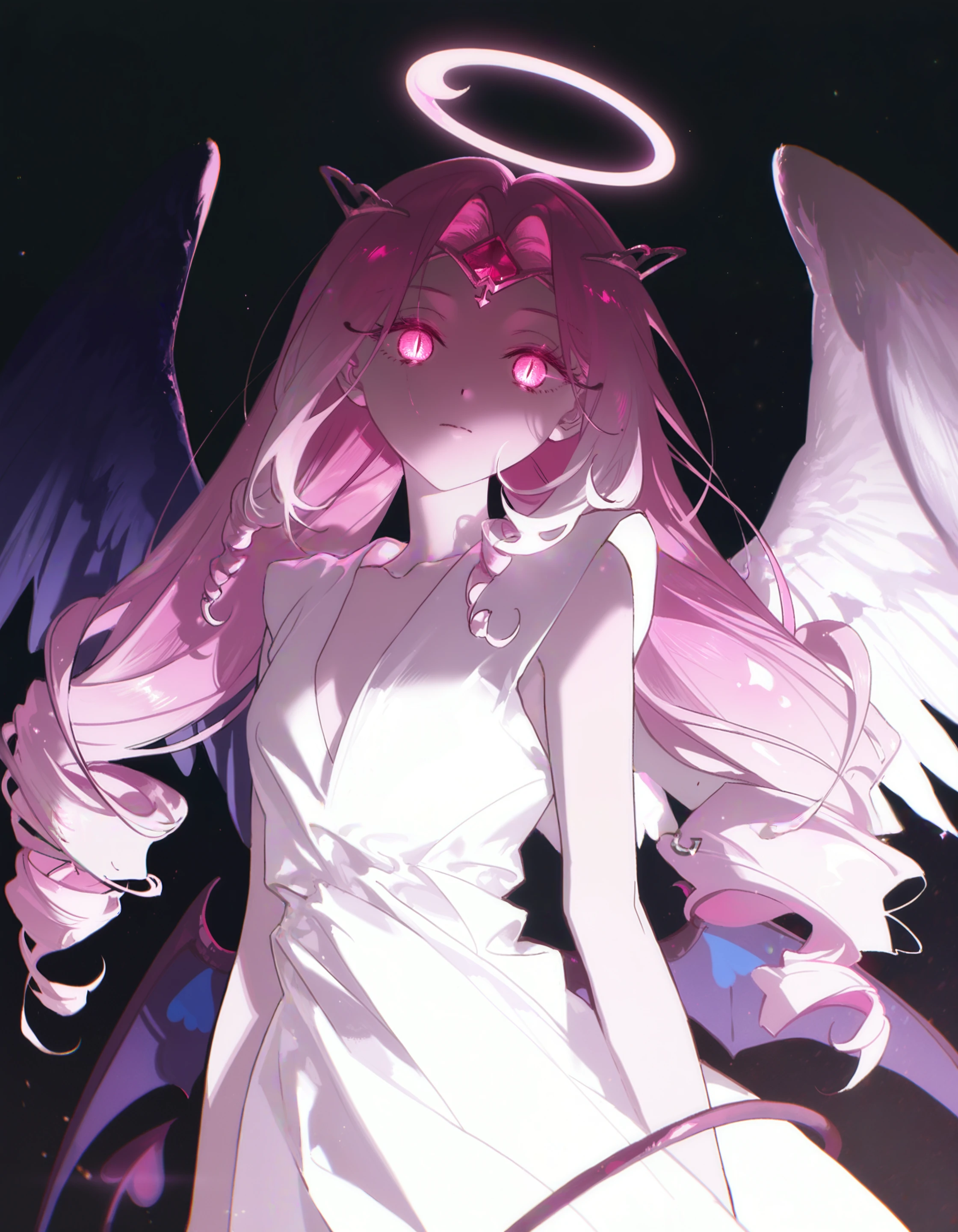 3t3rn4lsug4r, masterpiece, best quality, highres, very awa, very aesthetic, 1girl, pink hair, gradient hair, tiara, halo, parted hair, white dress, slit pupils, tail, sleeveless, drill hair, v neck, medium dress, pink eyes, blue demon wings, angel wings, black background, intense stare, closed mouth, black background, upper body, looking at viewer, expressionless, rella, (konya karasue:1.2), glowing eyes, blurry edges, dark theme, chromatic abberation,