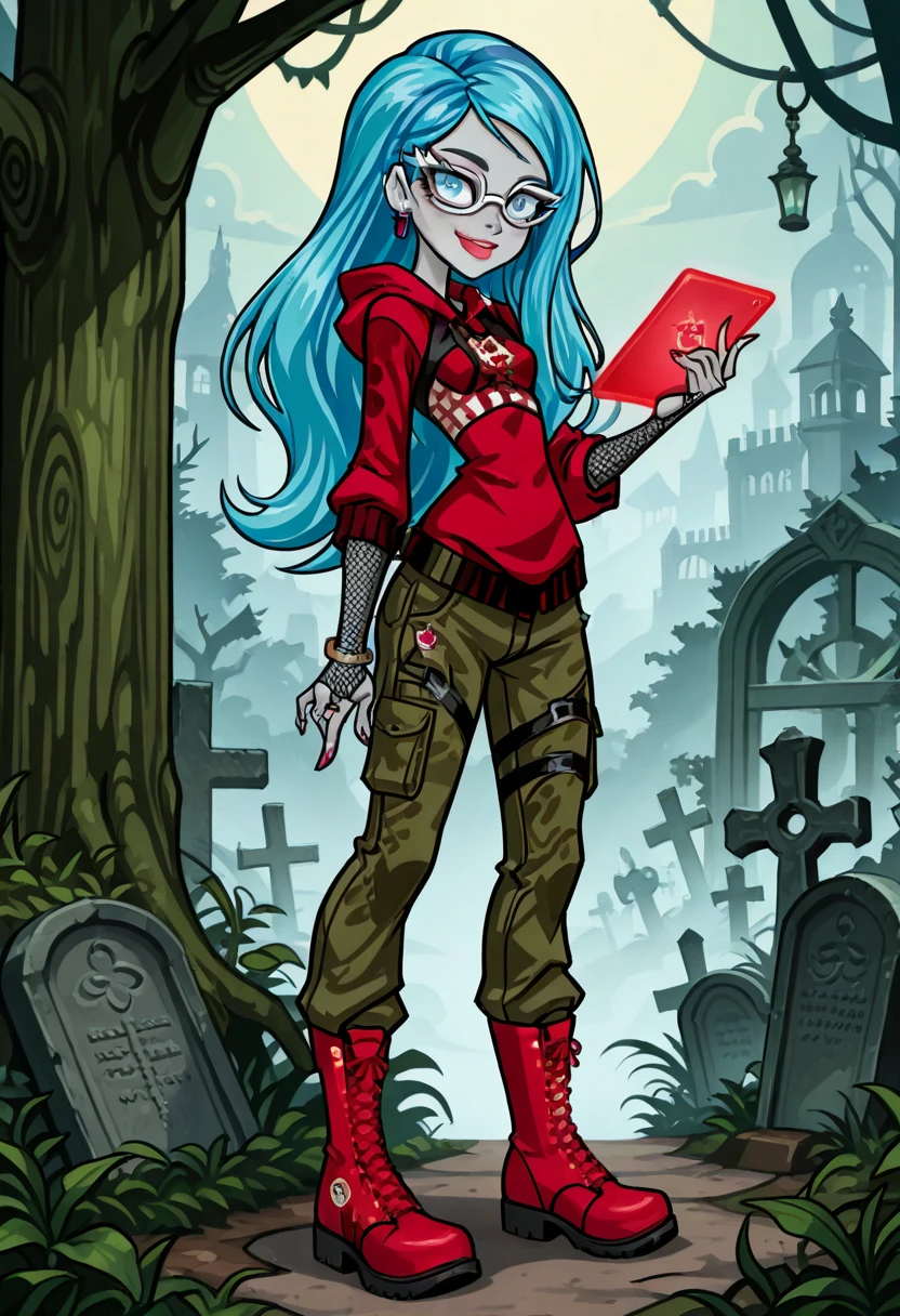 masterpiece, best quality, 1girl, solo, eyelashes, (beautiful eyes), narrow waist, smile,  ,<lora:Ghoulia_MH_IXL:0.8>,   [Graveyard Hacker], zzGhoulia, long hair, blue hair, glasses, colored skin, blue eyes, oversized hoodie, patched cargo pants, utility boots, finger armor rings, glowing tablet, mossy crypt, twilight fog â zzGhoulia crouches near a moss-covered tomb, glowing tablet in hand. Her oversized hoodie is covered in stitched glyphs, and her cargo pants are crammed with gear. Utility boots dig into the wet earth while blue hair spills forward over her glasses, reflecting cryptic code. A ringed finger taps quicklyâno firewall stands a chance.     <lora:CoutureCraze_IXL:0.7>,