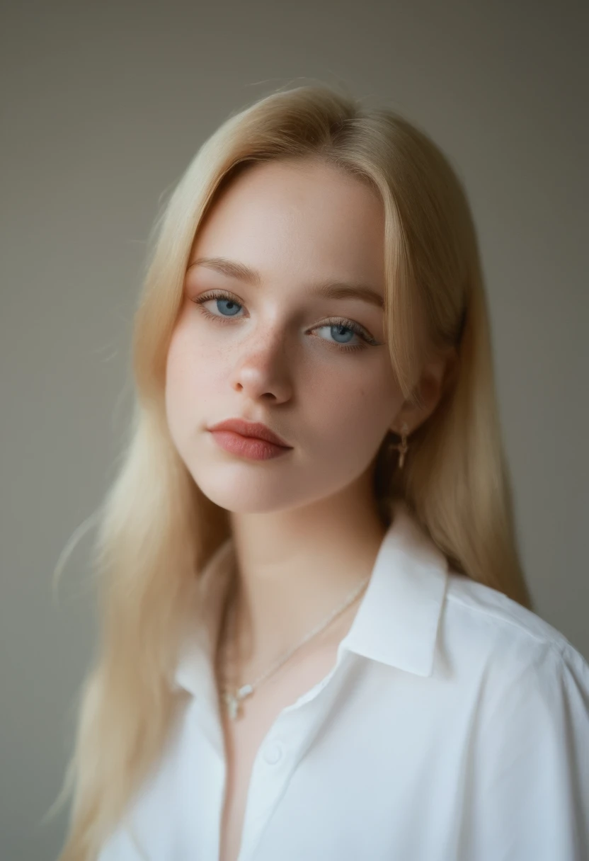 score_9, score_8_up, score_7_up, score_6_up, masterpiece, best quality, high quality, ultra-detailed, RSGRL, Russian girl, Slavic face, natural beauty, 1girl, solo, blonde hair, necklace, jewelry, realistic, long hair, looking at viewer, shirt, lips, mole, blue eyes, portrait, freckles, white shirt, closed mouth, collared shirt, eyelashes, cross