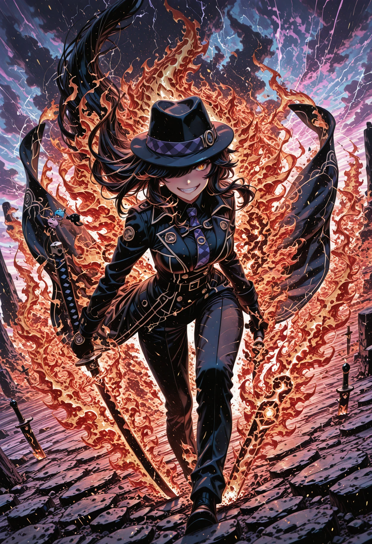 masterpiece, best quality, highendfiremagic, fire, powerful, 1girl, Vaporwave Anime Style, High Angle, Wind, stormy day, tsundere face, sneer, playful tease, detective mystery, katana sword, hidden eyes, fedora hat, trench coat, kawaii charm, mischievous grin, detective investigation, action pose, whimsical atmosphere, magical realism, fantasy setting, adventure