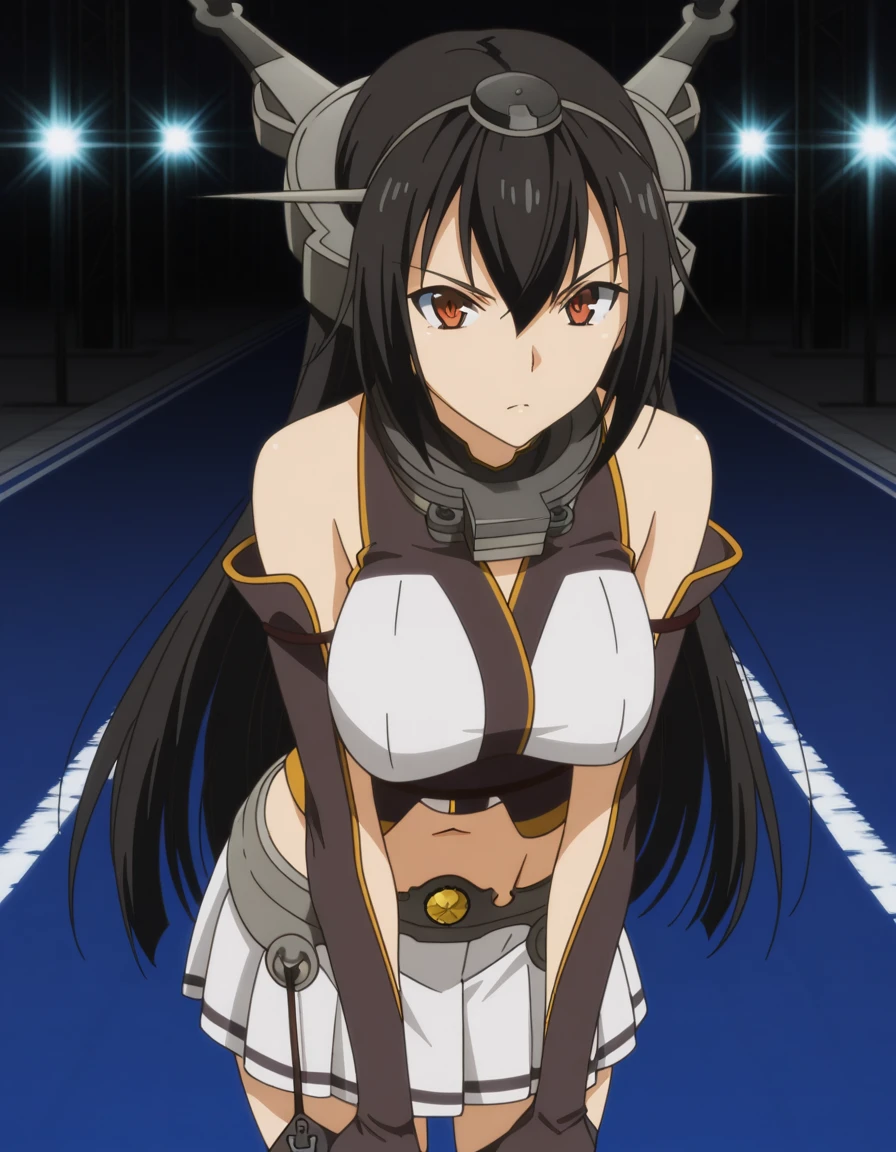 masterpiece, best quality, amazing quality,, <lora:kancolle-nagato-s1-illustriousxl-lora-nochekaiser:1>, nagato, nagato (kancolle), long hair, black hair, red eyes, mature female, breasts, anime screencap, skirt, thighhighs, gloves, navel, bare shoulders, hairband, detached sleeves, headgear,, hands on own knees, runway, landing, lights, speed, takeoff, cowboy shot, solo, looking at viewer,