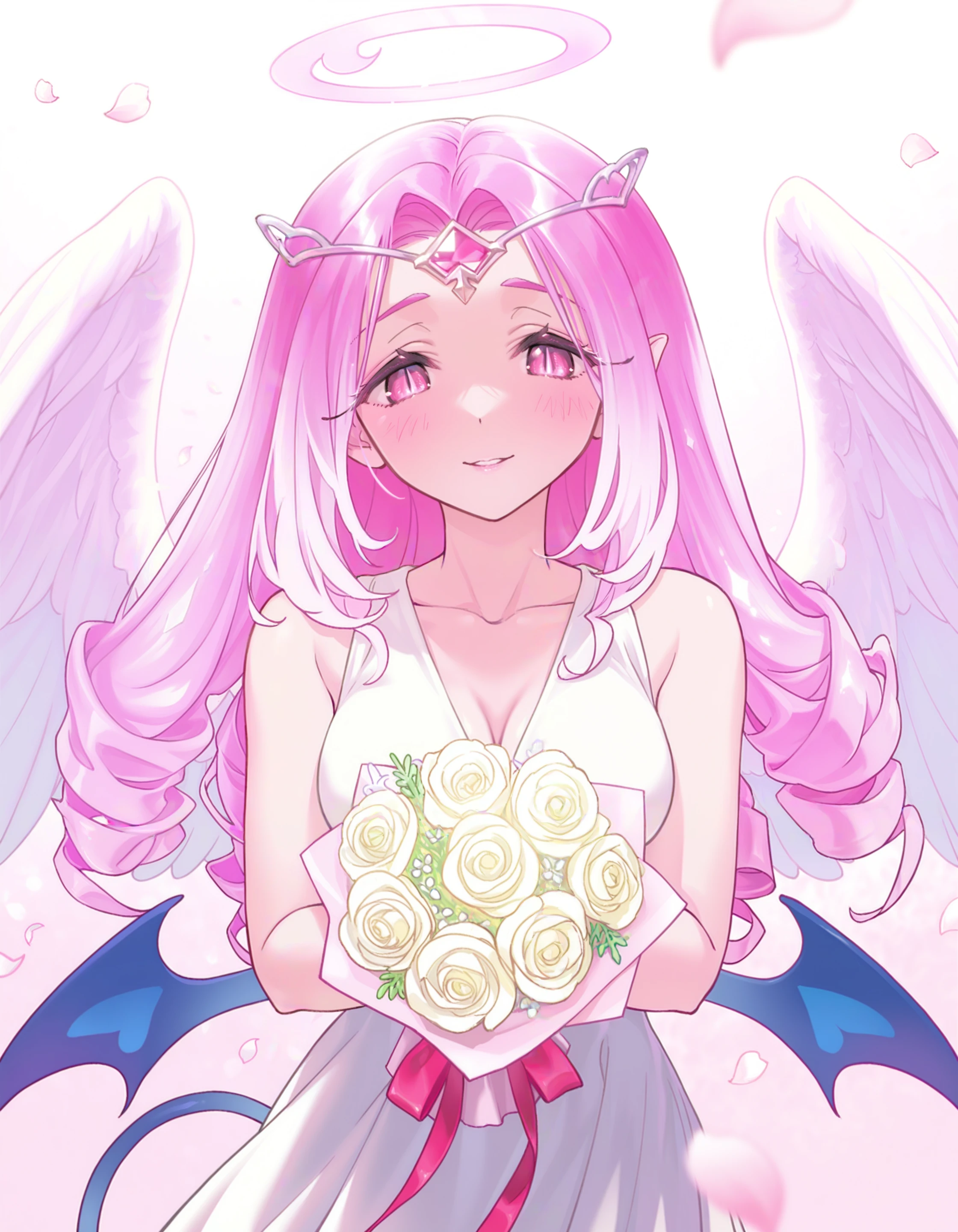 3t3rn4lsug4r, masterpiece, best quality, highres, very awa, very aesthetic, 1girl, pink hair, gradient hair, tiara, halo, parted hair, white dress, slit pupils, tail, sleeveless, drill hair, v neck, medium dress, pink eyes, blue demon wings, angel wings, upper body, white background, artist:amazuyu tatsuki, bouquet, blush, falling petals, offering to viewer, gradient background, blurry foreground, white petals,