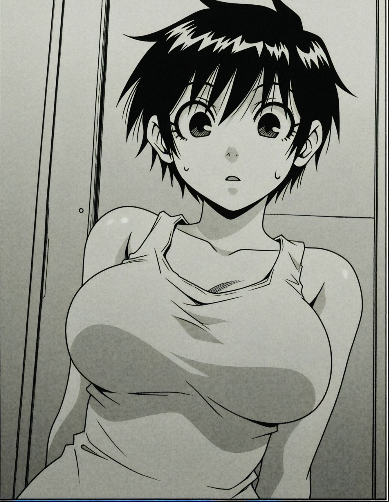 <lora:dmd2_sdxl_4step:1>,masterpiece,best quality,amazing quality,very aesthetic,high resolution,ultra-detailed,absurdres,newest,anime coloring,anime screenshot,official art,<lora:nanakosan:0.9>,1girl,short hair,large breasts,monochrome,greyscale,