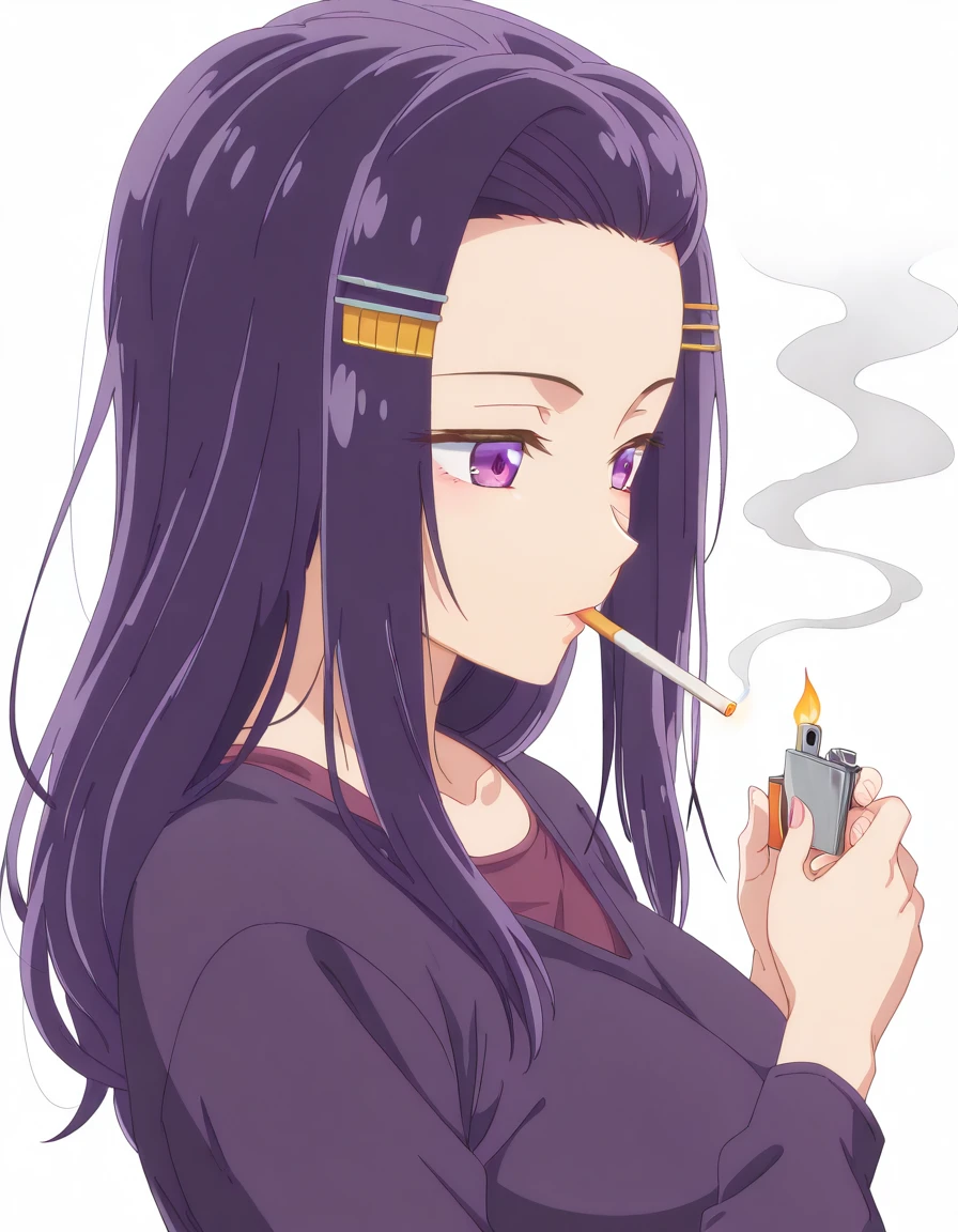 masterpiece, best quality, amazing quality,, <lora:sayuri-akino-s1-illustriousxl-lora-nochekaiser:1>, sayuri akino, long hair, hair ornament, hairclip, purple hair, purple eyes, forehead, mature female, breasts, anime screencap, <lora:lighting-cigarette-illustriousxl-lora-nochekaiser:1>, lighting cigarette, lighter, holding lighter, cigarette, smoking, fire, smoke, holding, upper body, , <lora:transparent-background-illustriousxl-lora-nochekaiser:1>, transparent background, simple background, white background