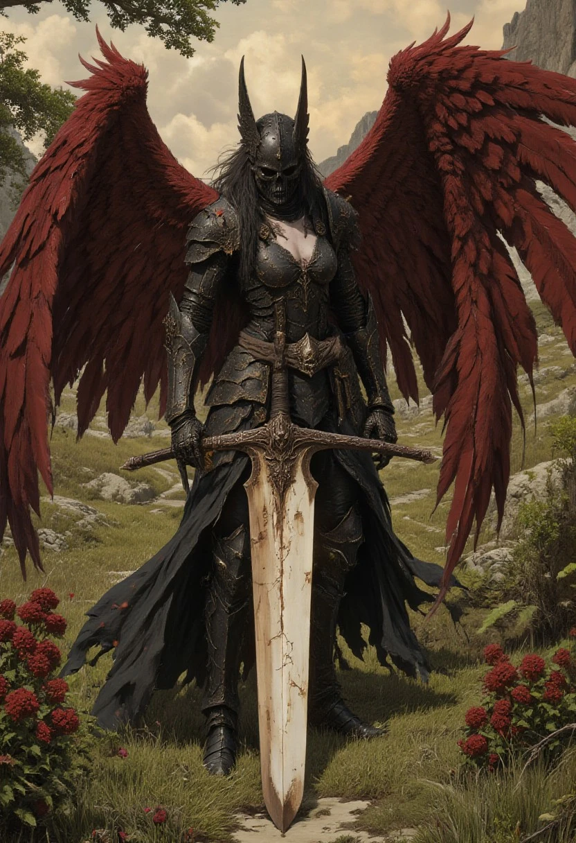 menacing dark fantasy angelic female, standing mockingly in the heart of a vast, lush green meadow, the grass whispering around her armored feet, surrounded by towering, dark crimson and burgundy flowers with velvety petals, their unnatural size and shadowed beauty exuding quiet menace, one hand casually resting on the weathered hilt of a titanic corroded blade, the massive sword scarred from countless ancient battles, mysterious inscriptions glowing faintly in broken burnt crimson and faded beige hues, oversized angular crossguard, wearing heavy skeletal armor forged from dull, corroded bone-white and rust-red metal, shaped like a monstrous death’s head, jagged breastplate plunging deeply to emphasize her voluptuous figure, glimpses of smooth pale skin flickering with fractured crimson light, long, wild dark hair spilling over reddened, rust-streaked pauldrons, face completely hidden behind an ancient, battered iron mask with cracked edges and faded ochre engravings, the hollow eye slits leaking dull blood-red and dusty peach light, a pair of tattered, rust-colored angel wings arching high behind her back, the feathers tangled with curling vines and petals, a warm golden sun hanging low over the horizon, casting long amber shadows across the meadow, fireflies drifting lazily through the air like embers, the flowers subtly shifting in an unseen wind, bold dynamic manga-style strokes,