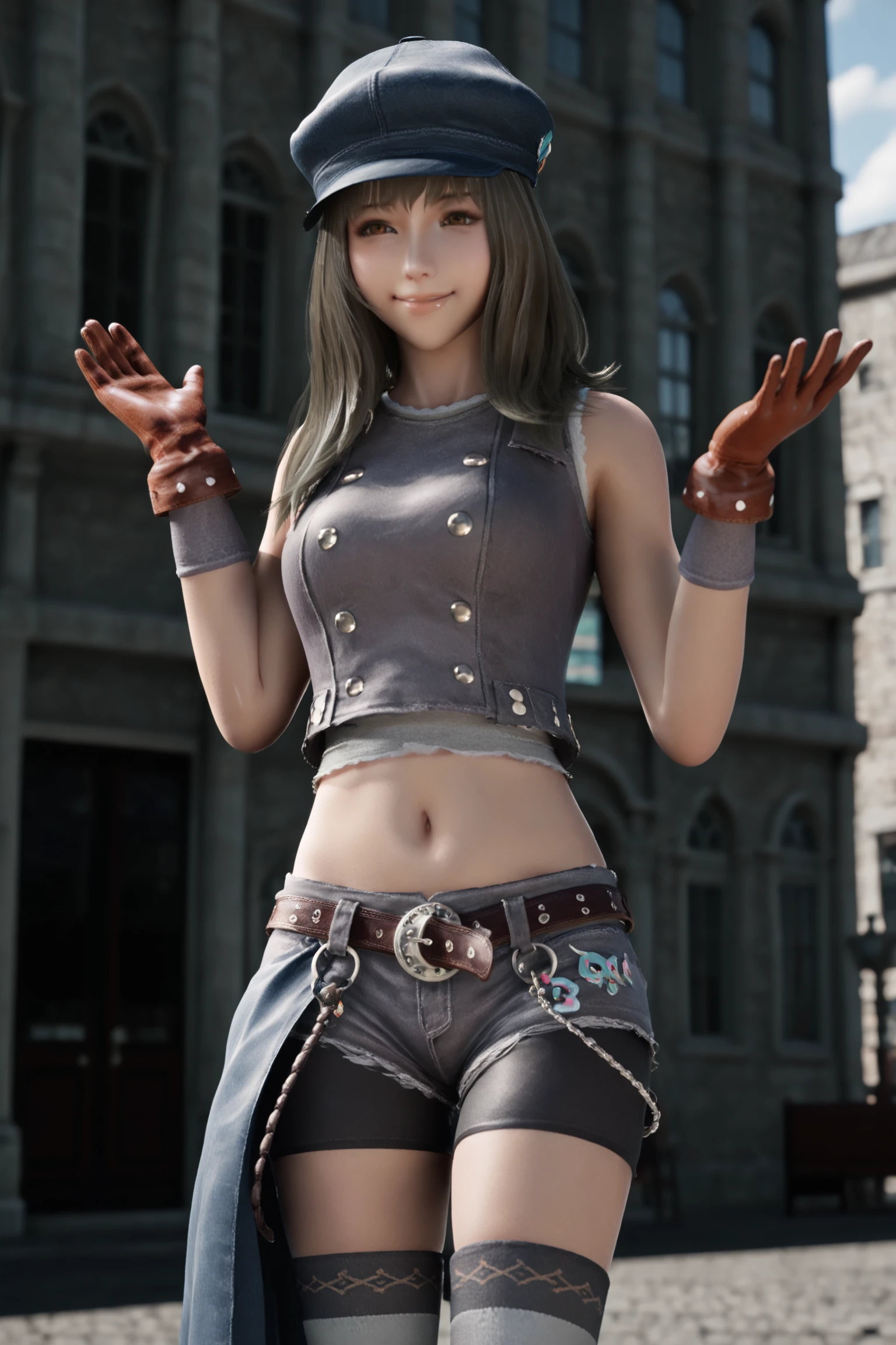 outdoors, next to a building,
<lora:Kyrie_Canaan_Final_Fantasy_VII_Remake_series:1>
Kyrie Canaan (character), 1girl, solo, hat, thighhighs, striped thighhighs, gloves, shorts, boots, navel, striped clothes, midriff, belt, bike shorts under shorts, smile, 3d, cowboy shot, brown eyes,