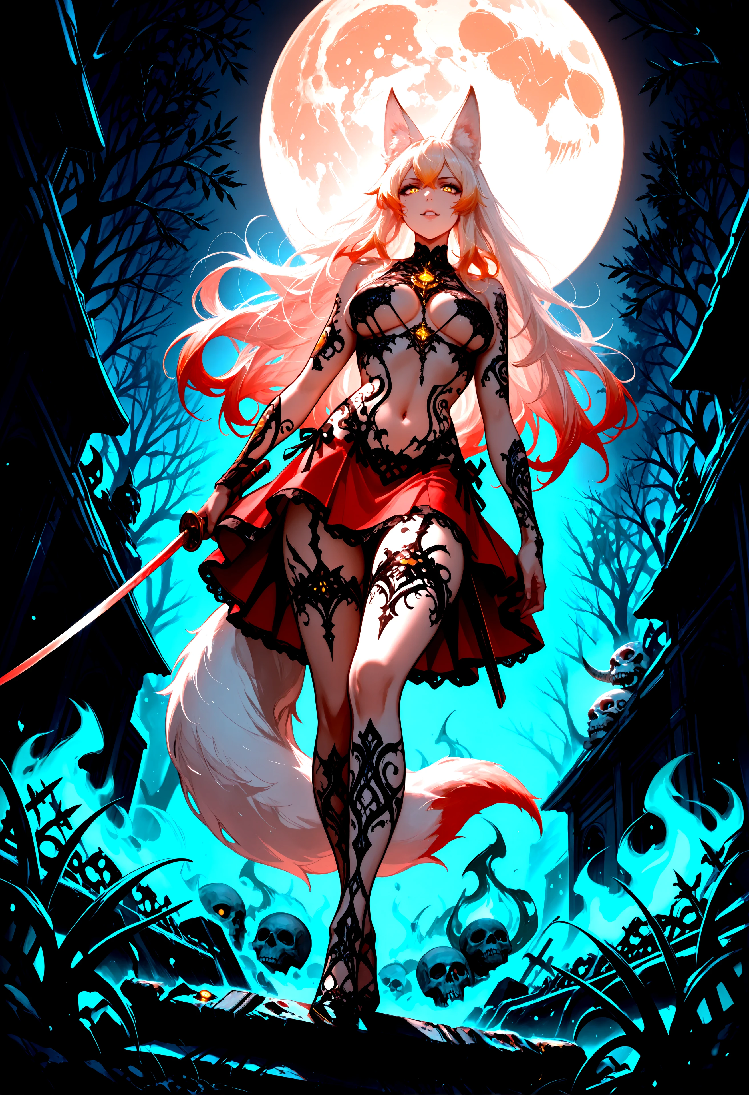 lazypos, masterpiece, best quality, 4k, 8k, absurdres,perfect lighting, soft shadows, contrast,illustration work, high detail,Gothic_Lace_TattooV2, Illustration by Gandy,standing, lace tattoo, ornamental tattoo, body tattoo,filigree ink,detailed Tattoo,fine laced breast tattoo, (underboob:1.1), (sideboob:1.1),bare skin, tattoo-only chest, bare chest, detailed chest tattoo,
anime,1girl,foxgirl, fox ears, fox tail,solo,perfect body,perfect face,detailed eyes,hairstyle,gradient hair,multicolored hair,Pink white hair,rainbow eyes,dynamic pose, standing, full body,(naked:1.05),black tattoos,katana in her hand , gothic lace tattoo dress,((red:1.05) and black (soft fabric:1.1) open cropped jacket), (long black and red skirt:1.05), standing on a graveyrad, (tombstones:1.05), (gravestones:1.05), midnight, blood moon, fog, fire emerging from her hand,green fire hin her hand, flying ghost skulls, serious