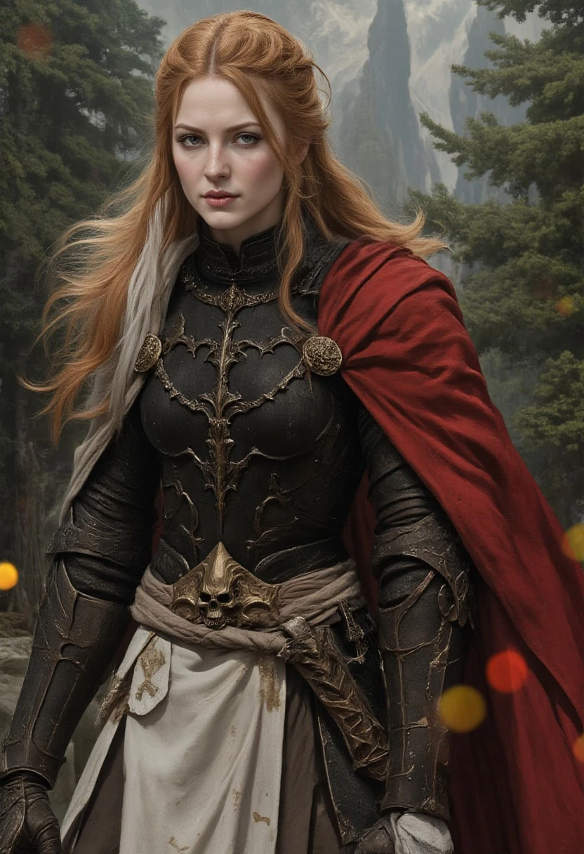 cinematic lighting, cold lighting, dust, steamy, (((vibrant colors))), Anime , Semi-realism,
1girl, slim, solo, beautiful eyes, long red hair, curvy, looking at viewer, single big braid, side braid, fur trim, northern warrior, northern armor, vambraces, arm guards, arm belt, closed mouth, belt, bracer, Northern sword, dynamic pose. Setting: gloomy Norwegian coniferous forest, northern sky. High priority to combat white face warpaint with black stripes,
[layered_composition], high_contrast, oil painting style, background, eye-catching colors foreground, gradient,