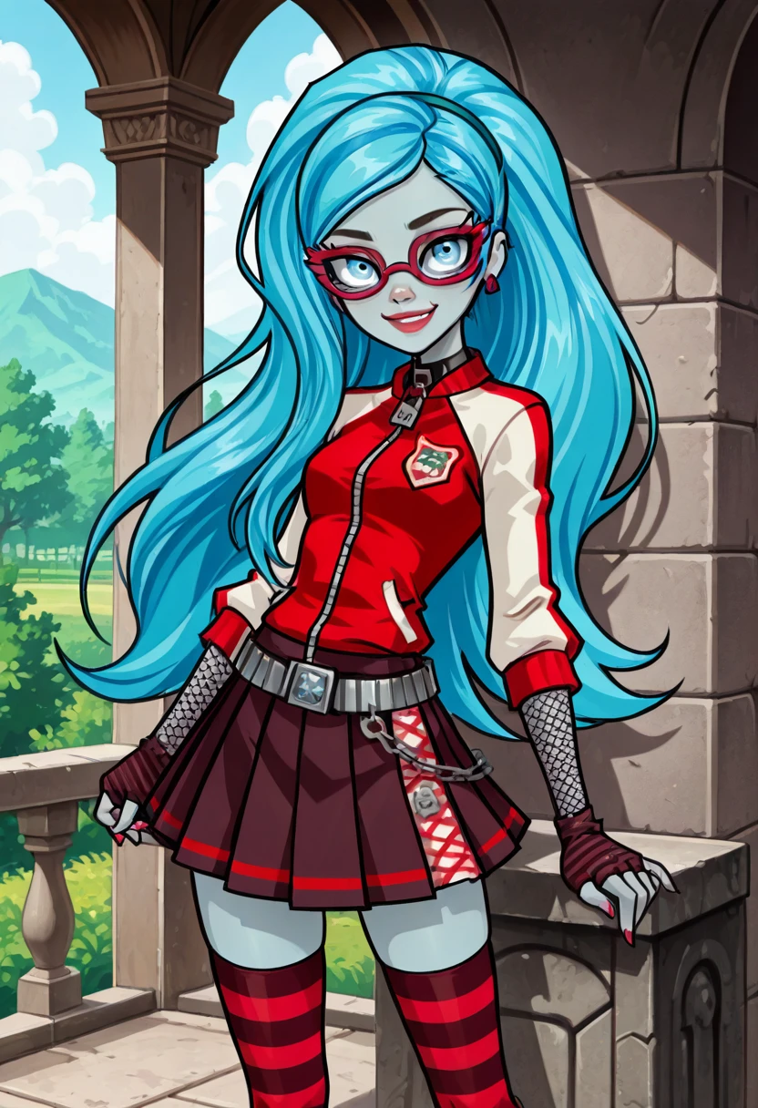 masterpiece, best quality, 1girl, solo, eyelashes, (beautiful eyes), narrow waist, smile,  ,<lora:Ghoulia_MH_IXL:0.8>,   [Monster Academy Cool], zzGhoulia, long hair, blue hair, glasses, colored skin, blue eyes, varsity jacket, pleated skirt, striped thigh-highs, fingerless gloves, chain belt, gothic campus, stone pillars, late afternoon sun â zzGhoulia leans against a stone pillar on campus, her pleated skirt ruffling in the breeze. A worn varsity jacket hangs loose over a graphic tee, while striped thigh-highs and a chain belt hint at rebellion. She adjusts her glasses, eyes focused, mind deep in thought beneath the gothic archways.     <lora:CoutureCraze_IXL:0.7>,