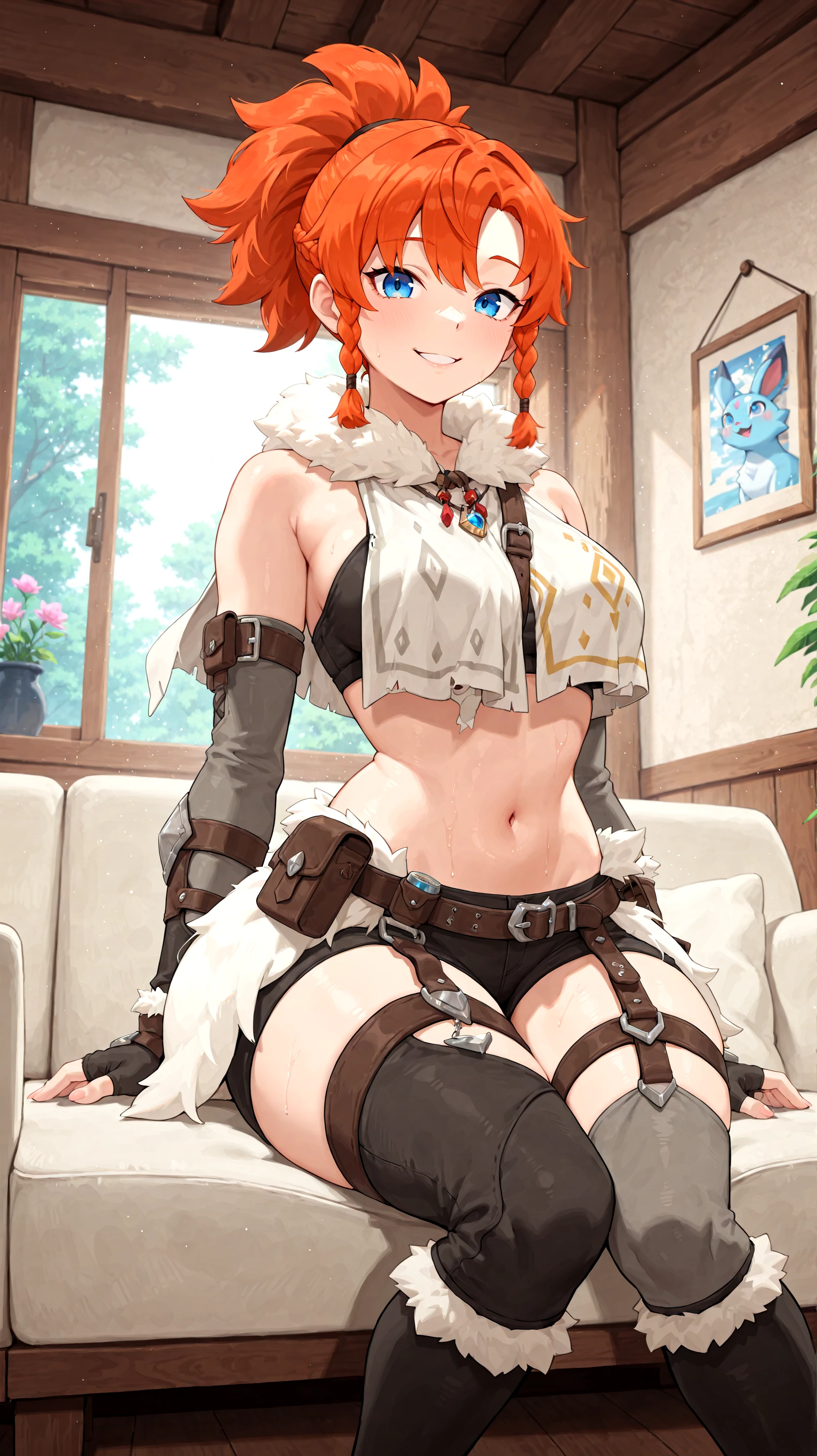 masterpiece \(quality\), year2024, year2023,
best quality, amazing quality, absurd res, best resolution, very aesthetic, 4k, latest, (Detailed face),
<lora:Palworld_Trainer_Palworld_for_Illustrious:0.5> 1girl, palgal, orange hair, ponytail, blue eyes, dual braid, palgal outfit, navel, fingerless gloves
solo, smile, looking at viewer, sitting on couch, living room, light blush, window,