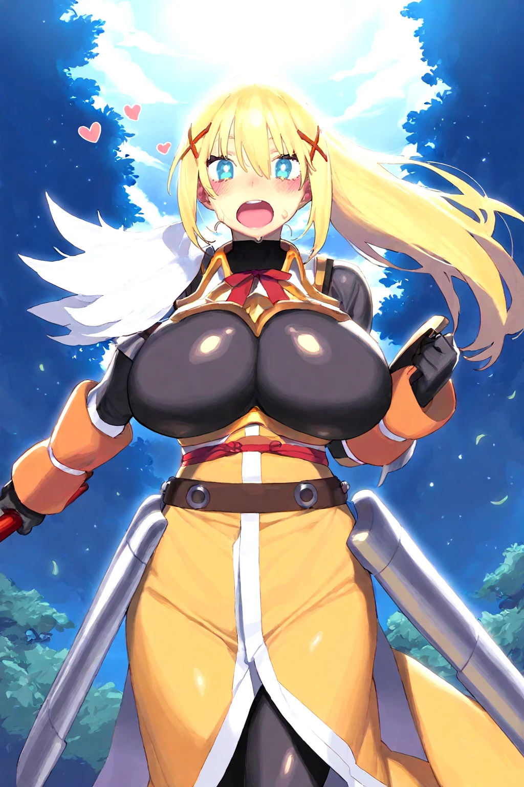 ((Highest quality)), ((masterpiece)), (detailed), Perfect Face、(((NSFW)))、Big Breasts、Squat、Leg spread、((Ｍ字Leg spread))、solo、from the front、、Ahegao、Fold your arms behind your head、Artoria Pendragon(ruler)、((Sexy orange panties－))、Nipple piercing、Mansuji、