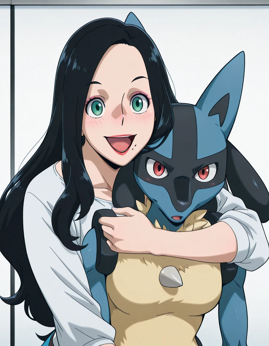 masterpiece, best quality, amazing quality,, <lora:makoto-tsukauchi-s1-illustriousxl-lora-nochekaiser:1>, makoto tsukauchi, long hair, black hair, green eyes, mole, makeup, lipstick, mole under mouth, mature female, medium breasts, anime screencap, <lora:straigth-on-hug-from-behind-illustriousxl-lora-nochekaiser:1>, straight-on hug from behind, straight-on, hug from behind, head on another's shoulder, looking at viewer, blush, smile, open mouth, arm around neck, hetero, <lora:lucario-illustriousxl-lora-nochekaiser:0.7>, lucario, furry male, interspecies, furry with non-furry, furry, pokemon (creature), 1boy, red eyes,,