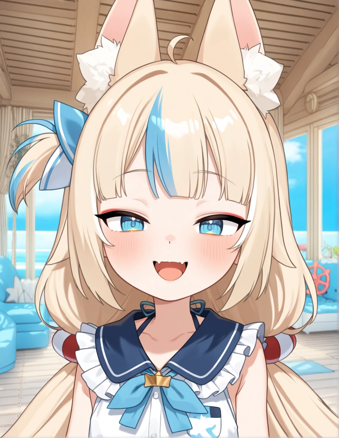 (masterpiece (quality), best quality:1.2), high quality, highres, absurdres
(solo:1.5)
anime style
sameko saba, human, humanoid, girl, animal humanoid, fox ears, vtuber, blonde, clothed, blue eyes, long hair, marine, blush, dress, looking at viewer
portrait, smiling, open mouth, fangs, skin fangs, zoomed in, face focus
detailed background
<lora:Sameko_Saba-(NoobAI):0.9>