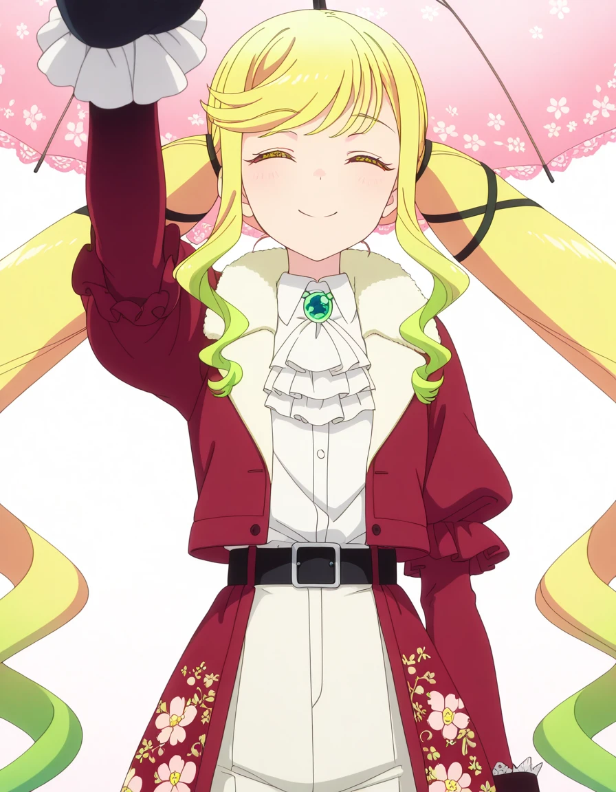 masterpiece, best quality, amazing quality,, <lora:lilisa-suzunomiya-s1-illustriousxl-lora-nochekaiser:1>, lilisa suzunomiya, long hair, blonde hair, ribbon, very long hair, twintails, brown eyes, yellow eyes, hair ribbon, black ribbon, multicolored hair, sidelocks, green hair, gradient hair, swept bangs, wavy hair, mature female, small breasts, anime screencap, <lora:aristocratic-clothes-illustriousxl-lora-nochekaiser:1>, aristocratic clothes, ascot, belt, black belt, black boots, boots, brooch, coat, collar, collared coat, floral print, formal clothes, frilled sleeves, frills, fur-trimmed coat, fur collar, fur trim, gloves, high heel boots, high heels, jacket, jewelry, lace-trimmed collar, lace-trimmed sleeves, lace trim, layered clothes, layered sleeves, ouji fashion, pants, pants tucked in, partially open jacket, paw gloves, print coat, print pants, print umbrella, red collar, red sleeves, shirt, shoe belt, sleeve cuffs, tight clothes, tight pants, undershirt, white ascot, white collar, white pants, white shirt, <lora:incoming-headpat-illustriousxl-lora-nochekaiser:1>, incoming headpat, headpat, pov, outstretched arm, reaching, reaching towards viewer, looking at viewer, closed eyes, smile, upper body, ,