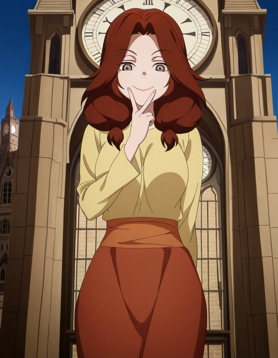 masterpiece, best quality, amazing quality,, <lora:alice-leywin-s1-illustriousxl-lora-nochekaiser:1>, alice leywin, long hair, brown hair, twintails, brown eyes, red hair, mature female, breasts, anime screencap, shirt, skirt, long sleeves, red skirt,, v, v over mouth, smug,, clock tower, clock, height, landmark, hands, cowboy shot, solo, looking at viewer,