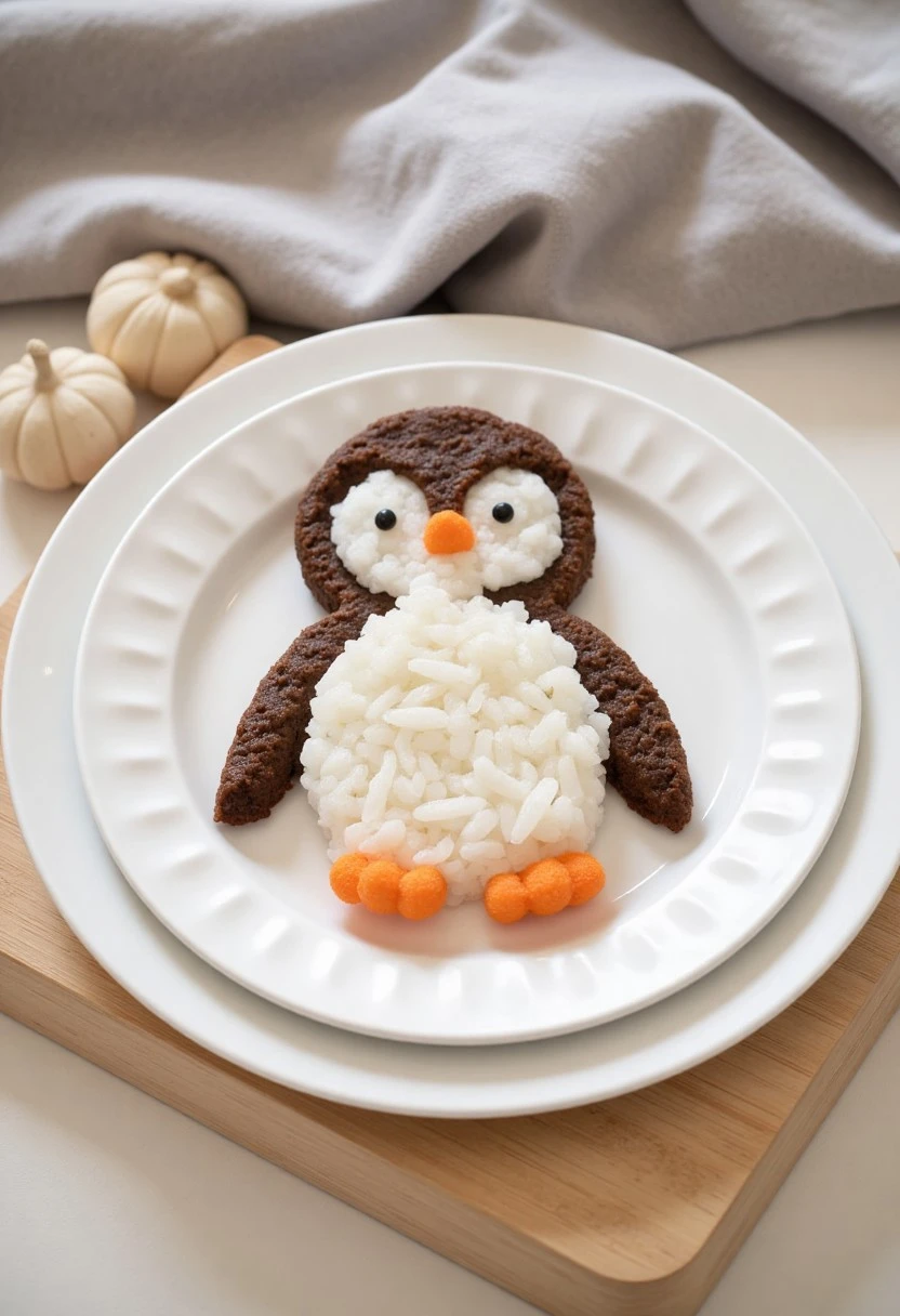((made of puffed rice:1.5)), rice crispy, Puffed rice crispy, cute penguin on plate,