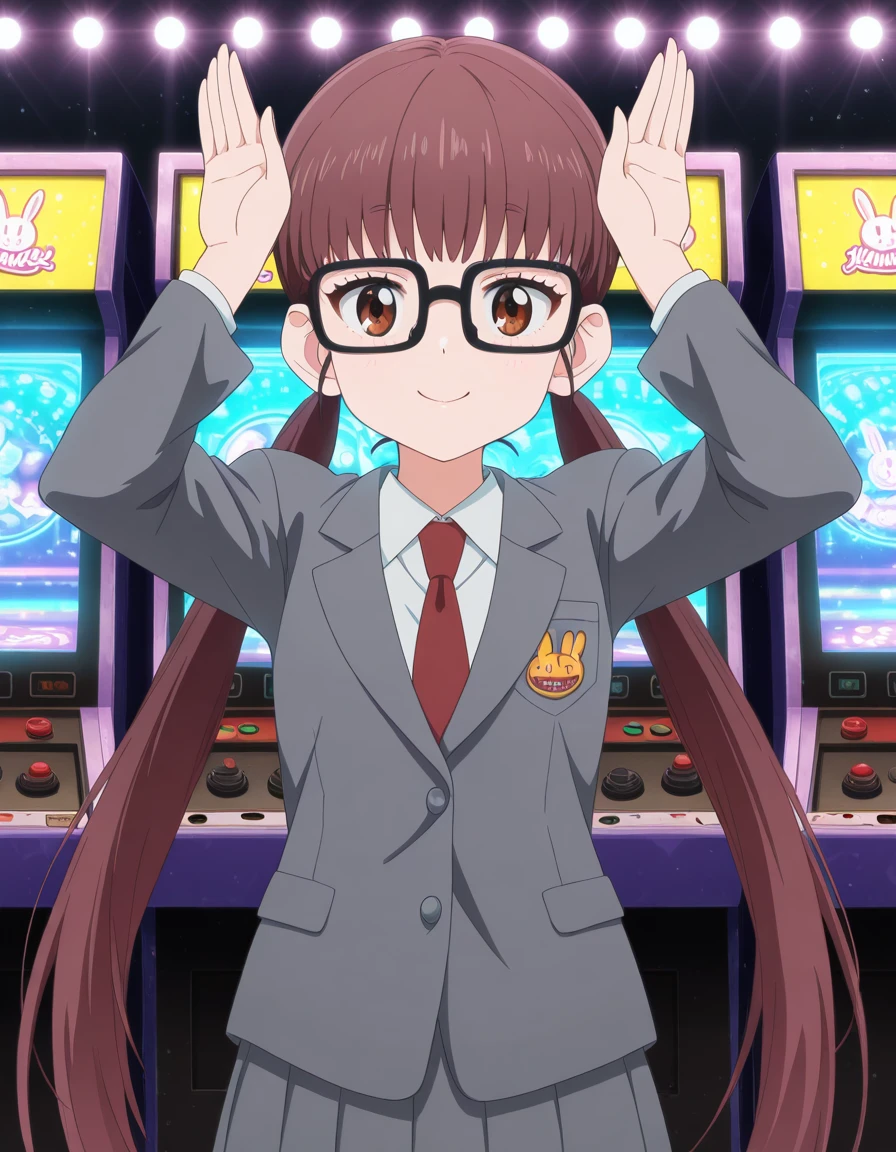 masterpiece, best quality, amazing quality,, <lora:yui-unoki-s1-illustriousxl-lora-nochekaiser:1>, yui unoki, long hair, brown hair, very long hair, twintails, brown eyes, glasses, black-framed eyewear, anime screencap, shirt, long sleeves, jacket, necktie, blazer, red necktie, grey blazer, grey skirt, long skirt, skirt, pleated skirt, <lora:rabbit-pose-illustriousxl-lora-nochekaiser:1>, rabbit pose, hands up, looking at viewer, smile, upper body, arcade, games, lights, fun, retro, cowboy shot, solo, looking at viewer,