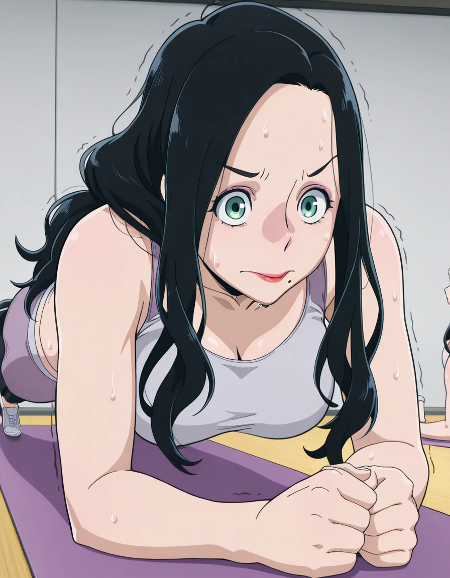 masterpiece, best quality, amazing quality,, <lora:makoto-tsukauchi-s1-illustriousxl-lora-nochekaiser:1>, makoto tsukauchi, long hair, black hair, green eyes, mole, makeup, lipstick, mole under mouth, mature female, medium breasts, anime screencap, <lora:planking-illustriousxl-lora-nochekaiser:1>, planking, exercising, yoga mat, yoga, yoga pants, trembling, struggling, sweat, sports bra,, ,