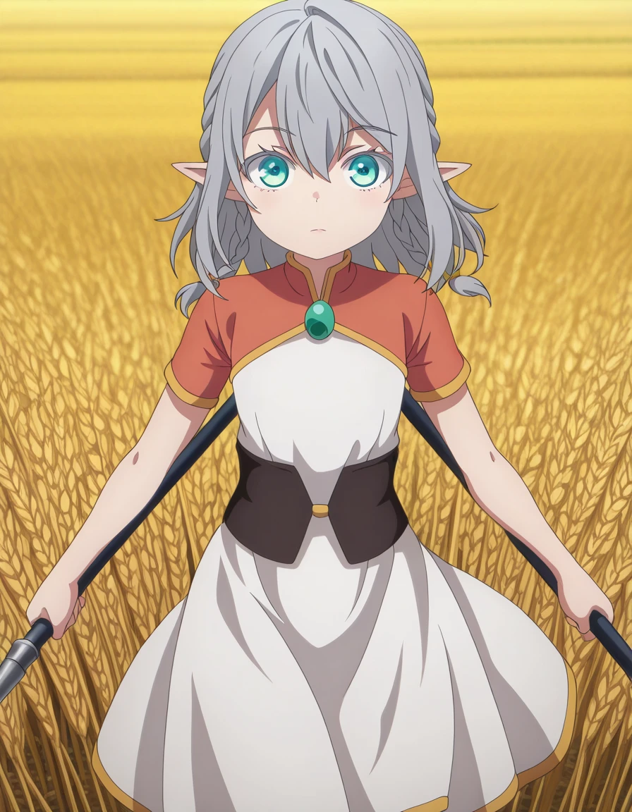 masterpiece, best quality, amazing quality,, <lora:tessia-eralith-s1-illustriousxl-lora-nochekaiser:1>, tessia eralith, hair between eyes, green eyes, grey hair, braid, pointy ears, medium hair, twin braids, aqua eyes, elf, anime screencap, dress, jewelry, short sleeves, white dress,, <lora:dynamic-pose-illustriousxl-lora-nochekaiser:1>, dynamic pose, holding weapon, weapon, polearm, holding polearm, holding, cowboy shot, wheat field, golden, harvest, farming, open, cowboy shot, solo, looking at viewer,