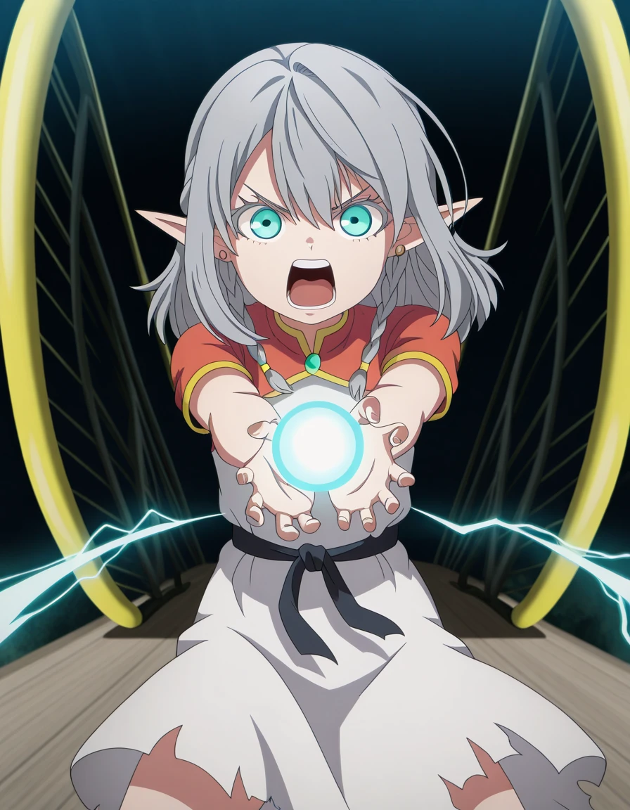 masterpiece, best quality, amazing quality,, <lora:tessia-eralith-s1-illustriousxl-lora-nochekaiser:1>, tessia eralith, hair between eyes, green eyes, grey hair, braid, pointy ears, medium hair, twin braids, aqua eyes, elf, anime screencap, dress, jewelry, short sleeves, white dress,, <lora:kamehameha-illustriousxl-lora-nochekaiser:1>, kamehameha, kamehameha (dragon ball), open mouth, incoming attack, torn clothes, shouting, energy, energy beam, energy ball, electricity,, roller coaster, tracks, speed, fun, thrill, cowboy shot, solo, looking at viewer,