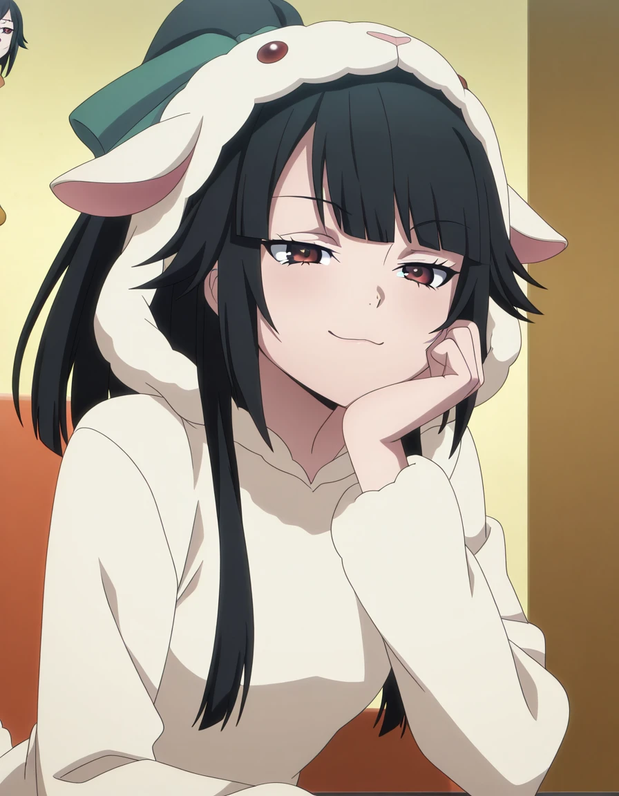 masterpiece, best quality, amazing quality,, <lora:jasmine-flamesworth-s1-illustriousxl-lora-nochekaiser:1>, jasmine flamesworth, long hair, black hair, red eyes, bow, brown eyes, ponytail, hair bow, green bow, mature female, small breasts, anime screencap, <lora:kigurumi-illustriousxl-lora-nochekaiser:1>, kigurumi, animal hood, animal costume, cosplay, sheep costume,, head rest, smug, ,