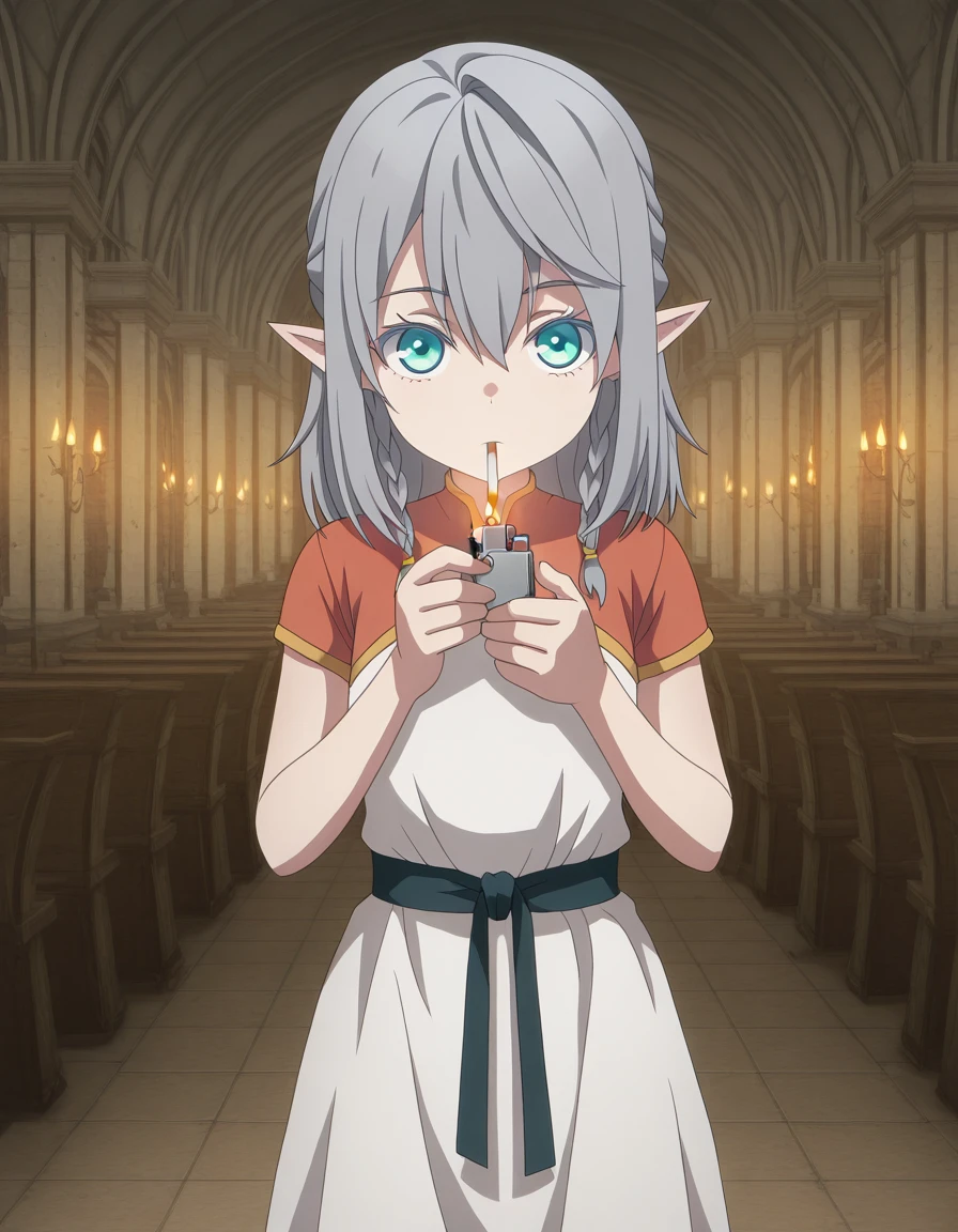 masterpiece, best quality, amazing quality,, <lora:tessia-eralith-s1-illustriousxl-lora-nochekaiser:1>, tessia eralith, hair between eyes, green eyes, grey hair, braid, pointy ears, medium hair, twin braids, aqua eyes, elf, anime screencap, dress, jewelry, short sleeves, white dress,, <lora:lighting-cigarette-illustriousxl-lora-nochekaiser:1>, lighting cigarette, lighter, holding lighter, cigarette, smoking, fire, smoke, holding,, Buildings, architecture, man_made, urban, interior, cowboy shot, solo, looking at viewer,