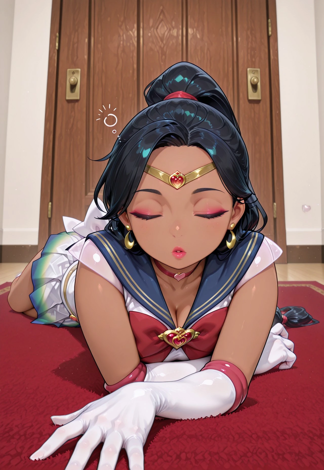 masterpiece,extremely detailed,best quality,amazing quality,newest,absurdres,highres, 1girl, solo, long hair, black hair, multi-tied hair, brown eyes, dark skin, makeup,necklace, earrings, hairband, gorgeous girl, A graceful girl, perfect cute face, mature, bssmsup3r0utfit, sailor senshi uniform, crescent earrings, circlet,blue sailor collar, red bowtie, white elbow gloves, heartchoker,  heartbrooch, huge white back bow, pleated skirt, multicolored miniskirt,sleepy, lying_on_stomach, elbows_on_ground , low angle,,(facing viewer:1.1), foreshortening , lying on carpet, BREAK indoors, 