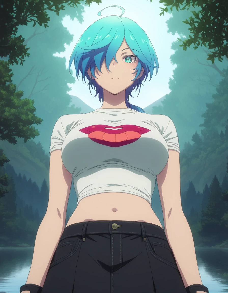 masterpiece, best quality, amazing quality,, <lora:tina-isemi-s1-illustriousxl-lora-nochekaiser:1>, tina isemi, short hair, blue eyes, blue hair, ahoge, multicolored hair, hair over one eye, aqua eyes, mature female, breasts, anime screencap, shirt, skirt, gloves, navel, white shirt, short sleeves, midriff, black skirt, fingerless gloves, crop top, denim, cropped shirt, from below, lake, water, reflection, mountains, calm, cowboy shot, solo, looking at viewer,