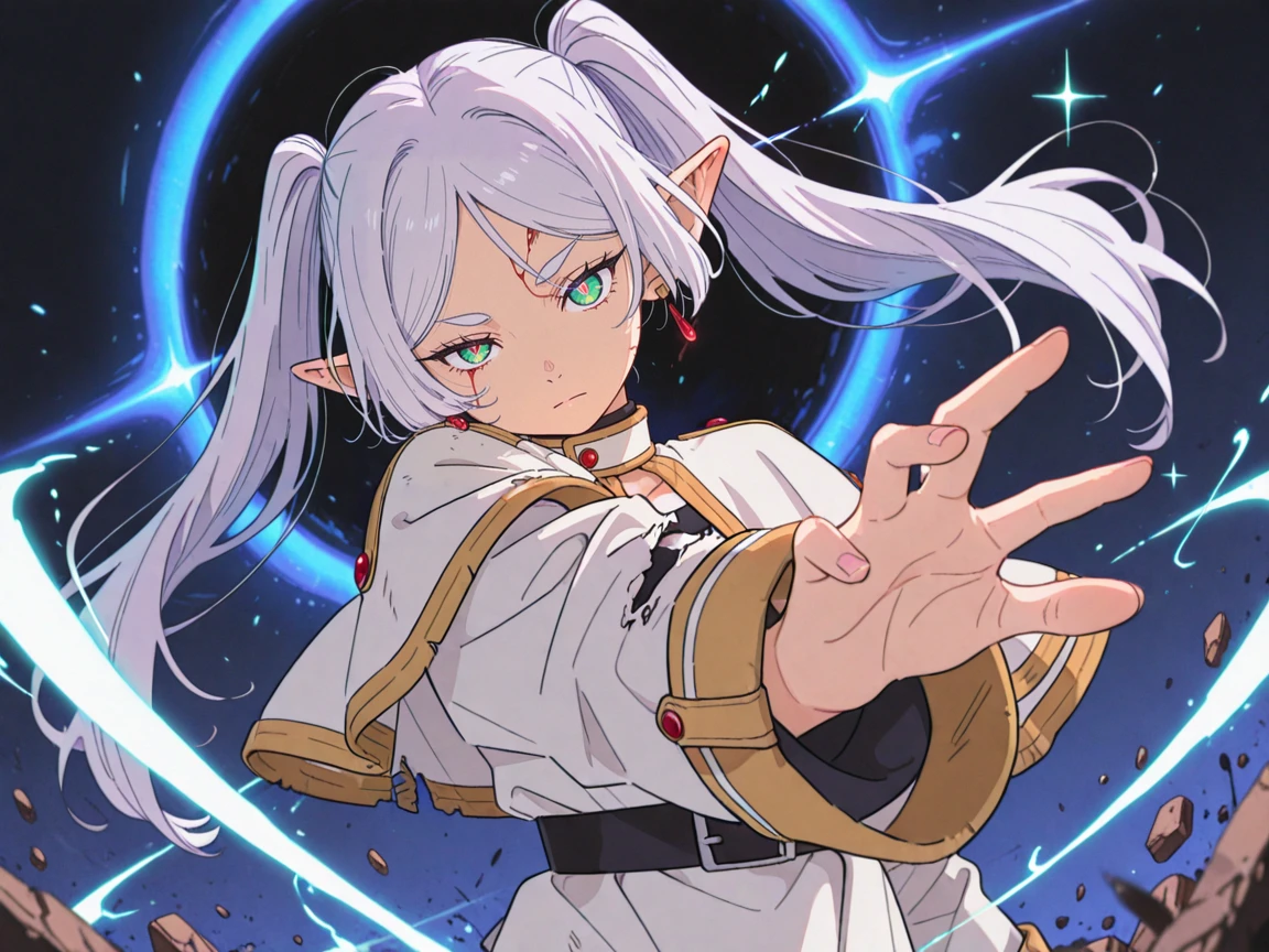 masterpiece,best quality,amazing quality,very aesthetic,absurdres, newest, anime coloring,
1girl, (looking at viewer:1.1),large pupil, eyelashes, shiny skin, dak depth, low kye, 1girl, frieren,\(sousou no frieren\), green eyes, (eye trail:1.2), light ray, white hair, long hair, twintails, pointy ears, earrings, white capelet, striped shirt, long sleeves, belt, Dirty or torn clothing, Injury, one eye bleeding, reaching towards viewer, intense energy wave motion, A black hole, a blade of light, super-compressed in the palm of your hand, Ultra highly compressed black hole, blade of light, upper body, floating body, float, hollow, three-quarter view, dutch angle, foreshortening, looking at viewer, (prism), (schein flare), underlighting, dynamic pose, serious expression, closed mouth, energy wave, to many sparkle effect, (sparkle), (bluish-white flash), (battle effec), debris dancing violently, bloom effect, depth field, dappled light, broken effect,