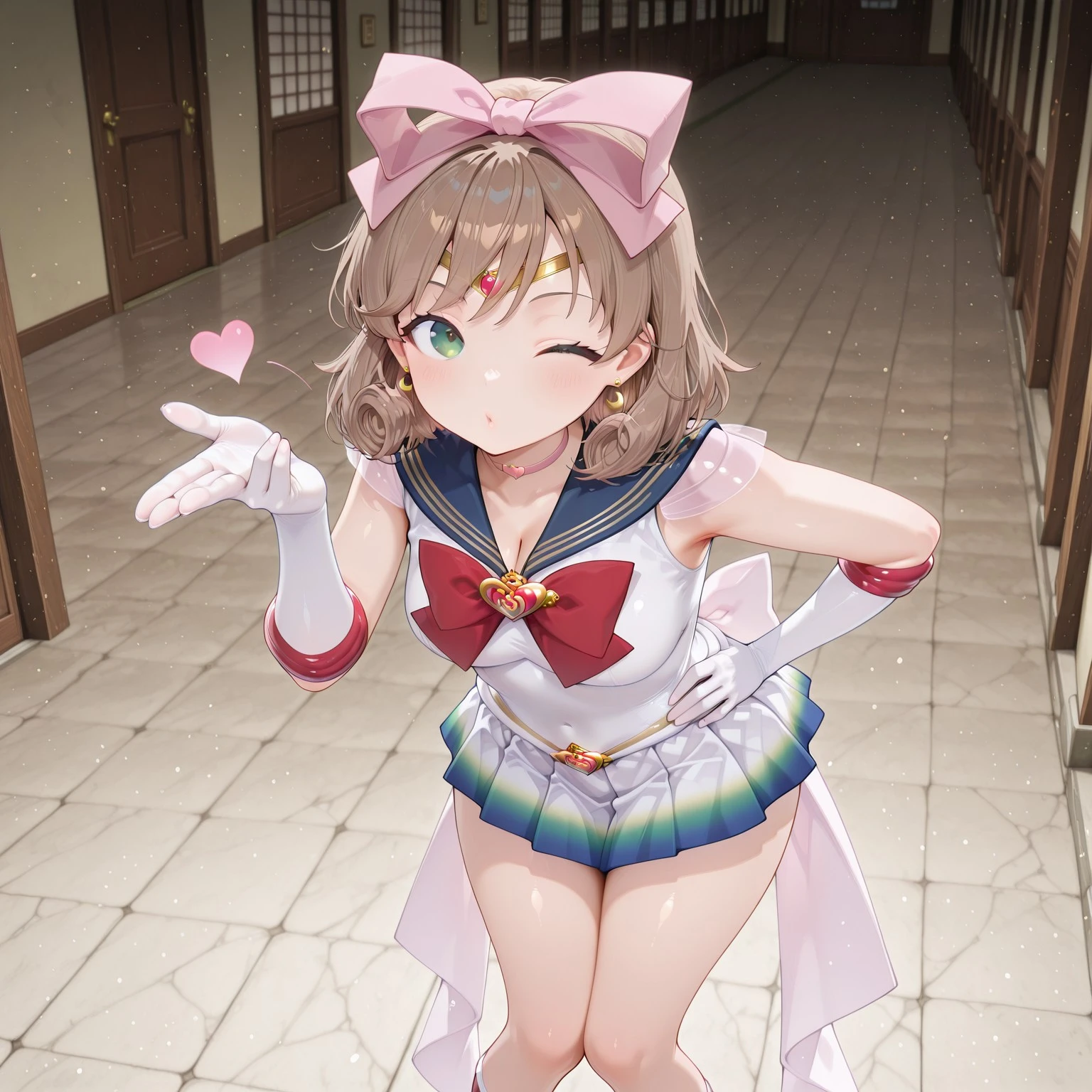 masterpiece,extremely detailed,best quality,amazing quality,newest,absurdres,highres, 1girl, solo, Haruka (character), green eyes, hair bow, brown hair, bssmsup3r0utfit, sailor senshi uniform, crescent earrings, circlet,blue sailor collar, red bowtie, white elbow gloves, heartchoker, heartbrooch, huge white back bow, pleated skirt, multicolored miniskirt, wink, blowing_kiss, blowing_kiss with one hand and put the other hand on hip, knees together feet apart,standing