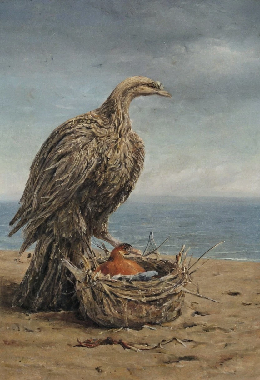 Surrealism, A surrealism photo of a painting of two birds in a nest with a bird's head sticking out of it,outdoors,sky,cloud,signature,water,tree,no humans,bird,ocean,animal,beach,cloudy sky,sand,animal focus , realistic, realism, photorealism, hyperrealism, hyperrealistic, realistic, sharp, detailed, cinematography style, film light style, movie still, professional photography, artistic, perfection, contrast, cinematic, filmic, high quality photo, 8k quality, colorful, photography style, absurd, bizarre, eerie, fanciful, fantastic, ludicrous, monstrous, odd, outlandish, preposterous, ridiculous, strange, whimsical, wired, disturbing, surrealist, surrealism style, Andre Breton style, expressive, dramatic, organic lines and forms, dreamlike, mysterious, Surrealism