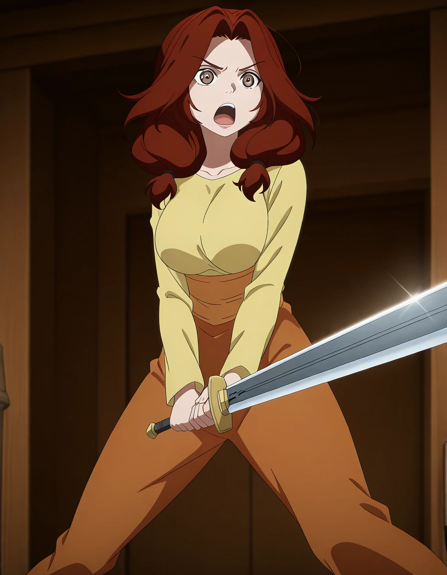 masterpiece, best quality, amazing quality,, <lora:alice-leywin-s1-illustriousxl-lora-nochekaiser:1>, alice leywin, long hair, brown hair, twintails, brown eyes, red hair, mature female, breasts, anime screencap, <lora:sunrise-stance-illustriousxl-lora-nochekaiser:1>, sunrise stance, weapon, sword, solo, open mouth, holding weapon, holding, holding sword,, ,