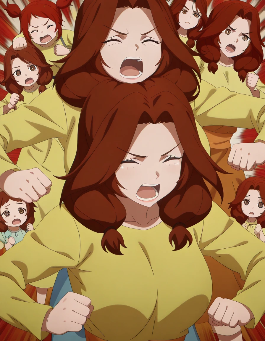 masterpiece, best quality, amazing quality,, <lora:alice-leywin-s1-illustriousxl-lora-nochekaiser:1>, alice leywin, long hair, brown hair, twintails, brown eyes, red hair, mature female, breasts, anime screencap, <lora:punching-top-of-head-illustriousxl-lora-nochekaiser:1>, punching top of head, punching, emphasis lines, open mouth, clenched fist, closed eyes, simple background, ,