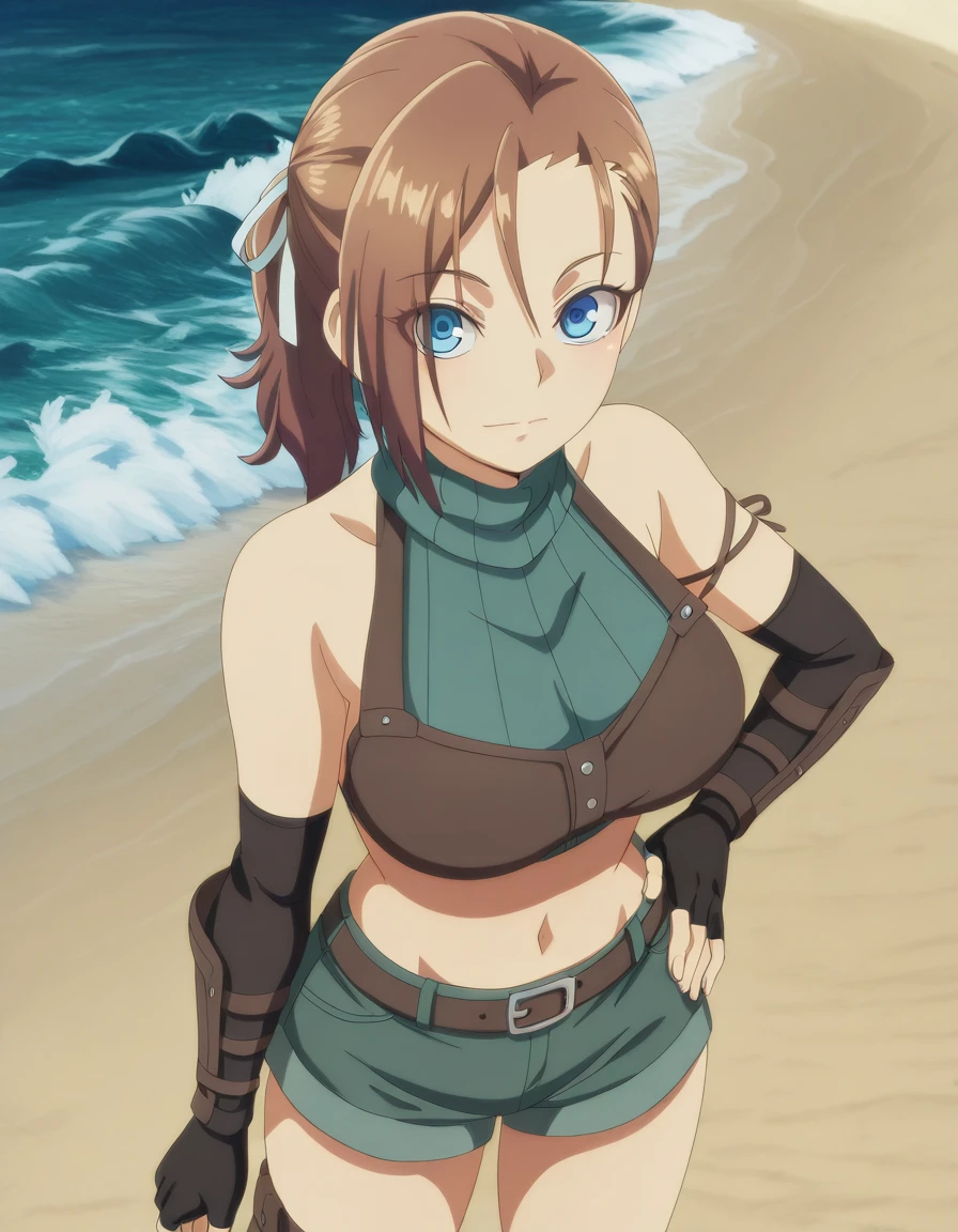 masterpiece, best quality, amazing quality,, <lora:rhuda-runebeck-s1-illustriousxl-lora-nochekaiser:1>, rhuda runebeck, blue eyes, brown hair, ribbon, hair ribbon, ponytail, mature female, breasts, anime screencap, gloves, navel, shorts, midriff, fingerless gloves, crop top,, v,, beach, sand, waves, sun, ocean, cowboy shot, solo, looking at viewer,