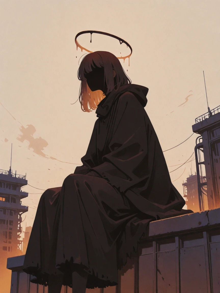 masterpiece,best quality,amazing quality,very aesthetic,absurdres, newest, anime coloring,
faceless figure, black cloak, glowing halo, from below, sitting, on rooftop, sci-fi, dystopian cityscape, dark gothic aesthetic, eerie elegance, unsettling visual storytelling, chiaroscuro, deep shadows, heavy contrast, shadow-drenched composition, cinematic lighting, grunge texture, aged canvas texture, smoky brushstrokes, painterly brushwork, monochrome, muted grayscale, limited color palette, black and brown hues, parchment beige accents