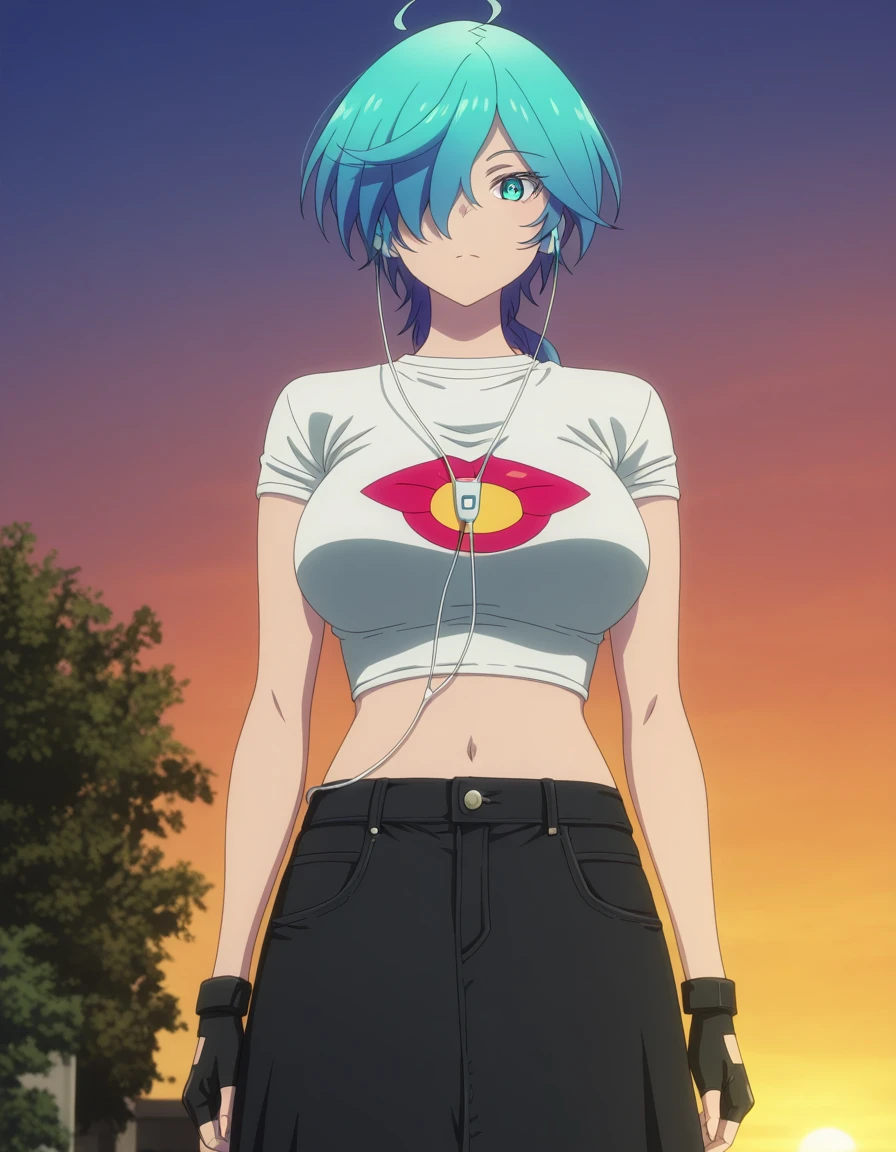 masterpiece, best quality, amazing quality,, <lora:tina-isemi-s1-illustriousxl-lora-nochekaiser:1>, tina isemi, short hair, blue eyes, blue hair, ahoge, multicolored hair, hair over one eye, aqua eyes, mature female, breasts, anime screencap, shirt, skirt, gloves, navel, white shirt, short sleeves, midriff, black skirt, fingerless gloves, crop top, denim, cropped shirt, v,, suburban neighborhood, morning jog, earphones, running shoes, fresh air, sunrise, cowboy shot, solo, looking at viewer,