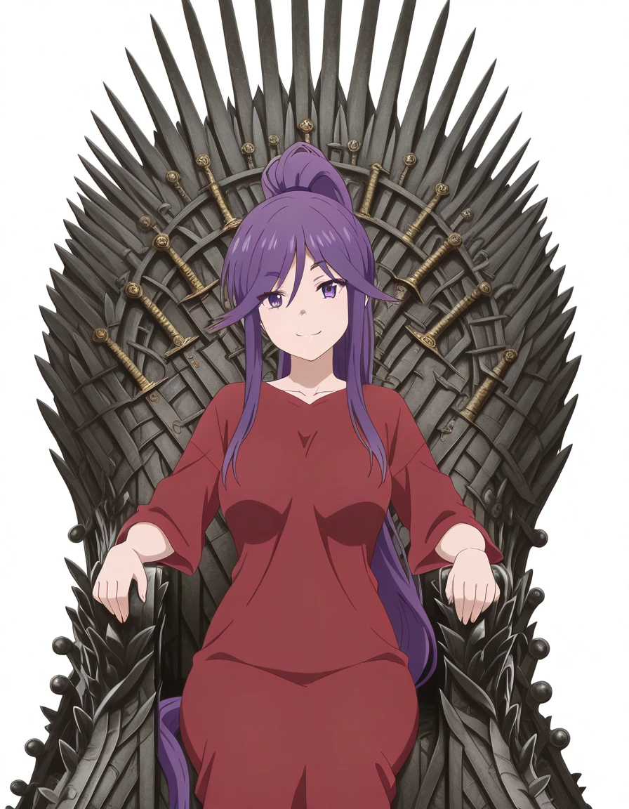 masterpiece, best quality, amazing quality,, <lora:koyomi-hasunuma-s1-illustriousxl-lora-nochekaiser:1>, koyomi hasunuma, long hair, very long hair, purple eyes, purple hair, ponytail, sidelocks, high ponytail, mature female, medium breasts, anime screencap, <lora:iron-throne-illustriousxl-lora-nochekaiser:1>, iron throne, sitting, looking at viewer, sword, throne, sitting on throne, smile, cowboy shot, elbow rest, , <lora:transparent-background-illustriousxl-lora-nochekaiser:1>, transparent background, simple background, white background