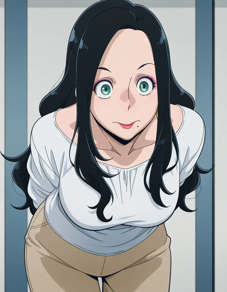 masterpiece, best quality, amazing quality,, <lora:makoto-tsukauchi-s1-illustriousxl-lora-nochekaiser:1>, makoto tsukauchi, long hair, black hair, green eyes, mole, makeup, lipstick, mole under mouth, mature female, medium breasts, anime screencap, hands behind back, bent over,, ,