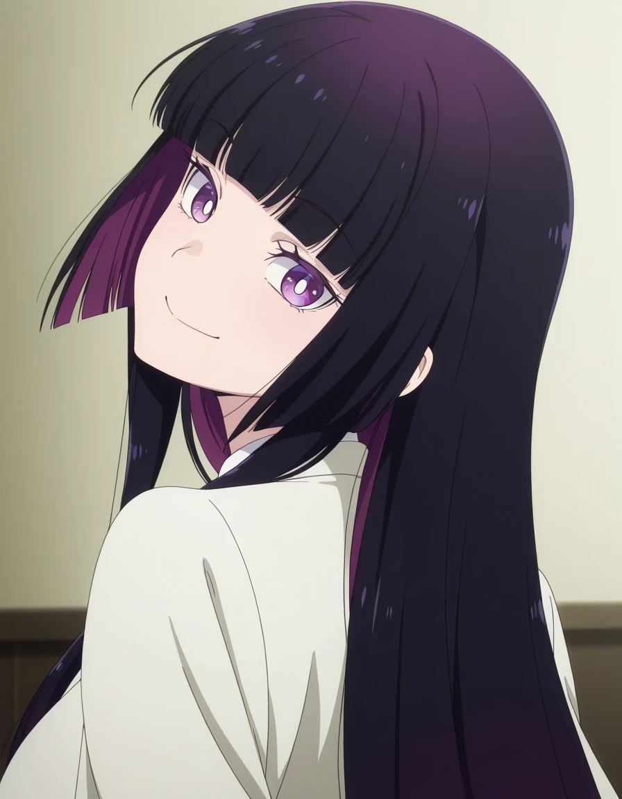 masterpiece, best quality, amazing quality,, <lora:otoha-kurogane-s1-illustriousxl-lora-nochekaiser:1>, otoha kurogane, long hair, black hair, purple eyes, purple hair, multicolored hair, sidelocks, blunt bangs, two-tone hair, colored inner hair, hime cut, white pupils, bright pupils, mature female, breasts, anime screencap, <lora:shaft-look-illustriousxl-lora-nochekaiser:1>, shaft look, looking back, from behind, head tilt, upper body, smile,, ,